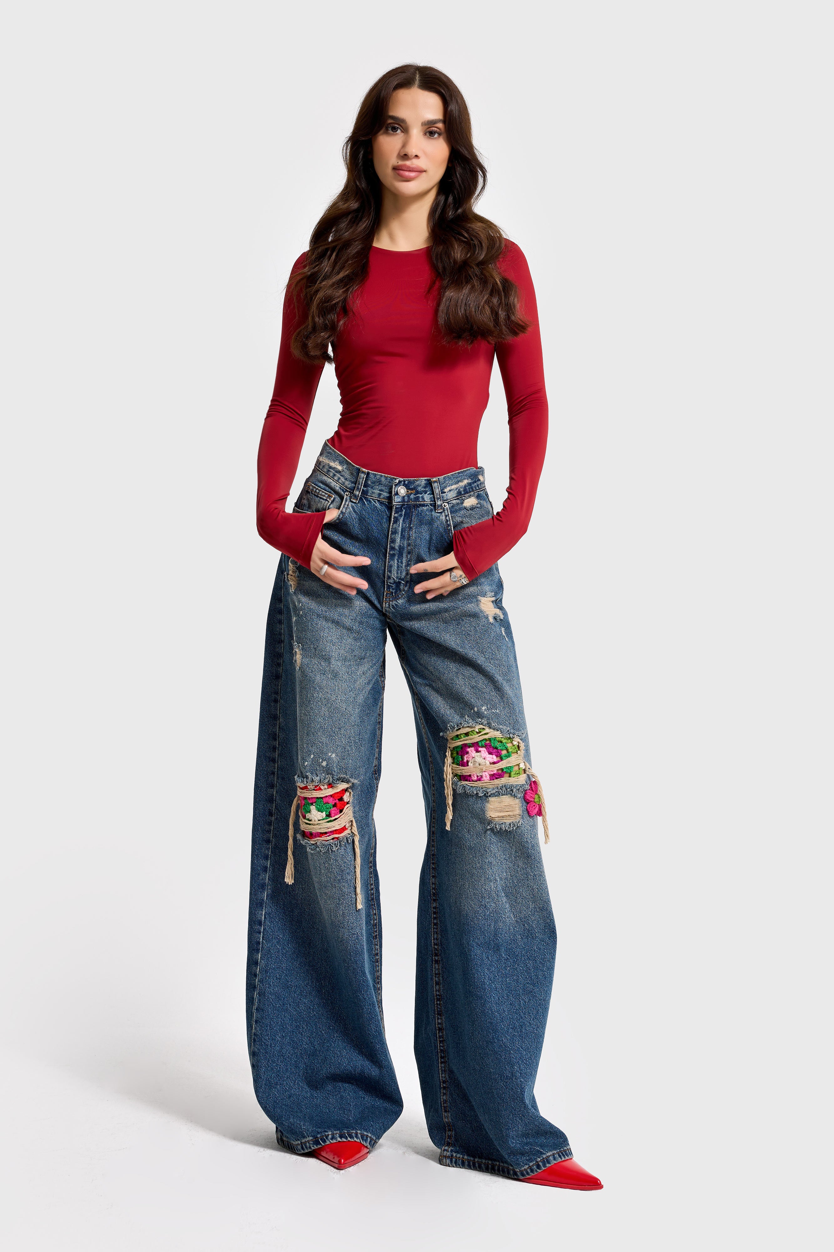 Kadın Kot Rengi Etnik Desenli Palazzo Fit Tasarım Denim