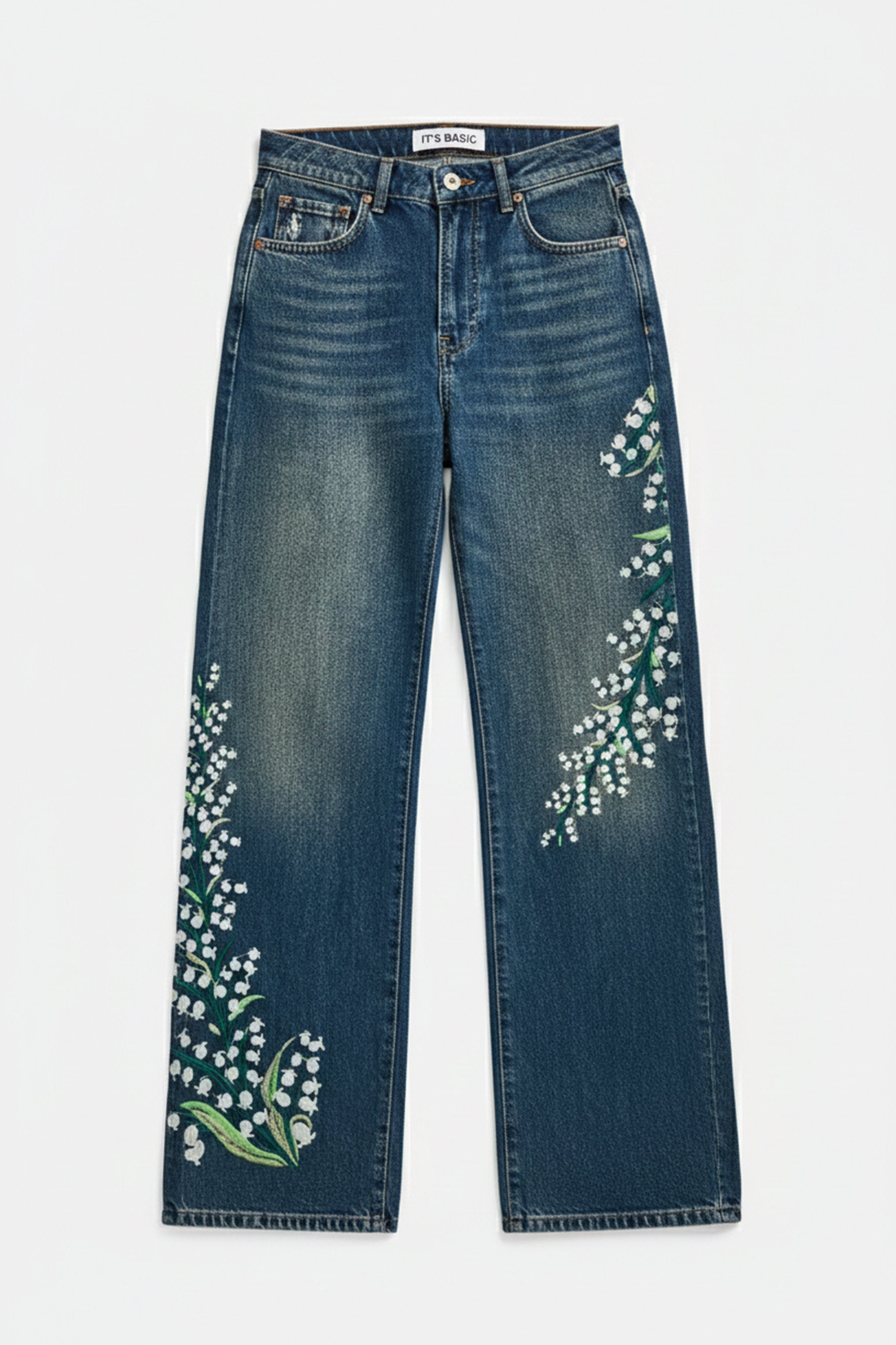 Kadın T.Kot Rengi 2w5-31 Straight Fit Yüksek Bel Özel Çiçek Kuş Nakışlı Tasarım Denim Jean