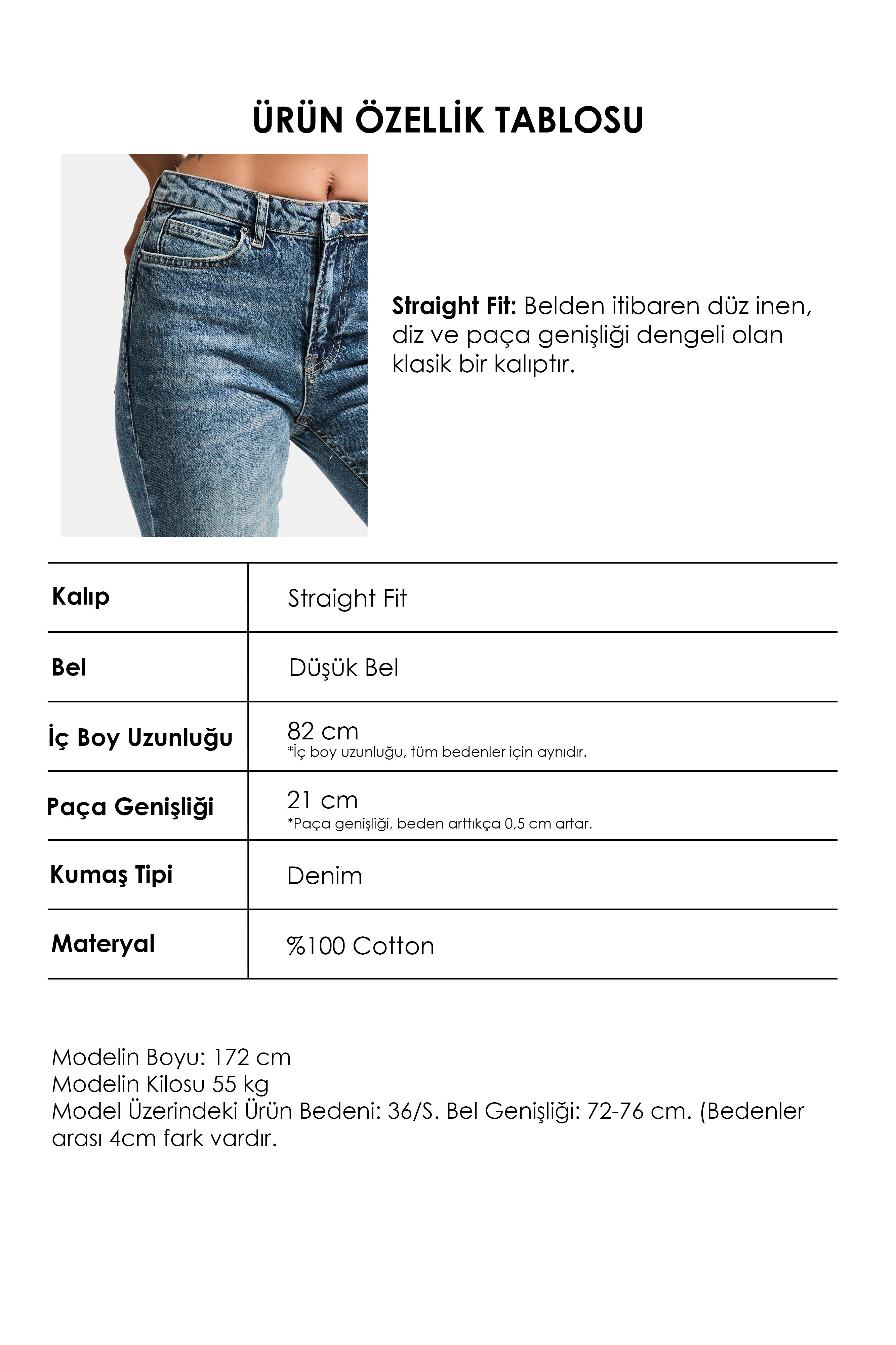 Kadın Kot Rengi 4w5-32 Düşük Bel Straight Fit %100 Koton Denim Jean