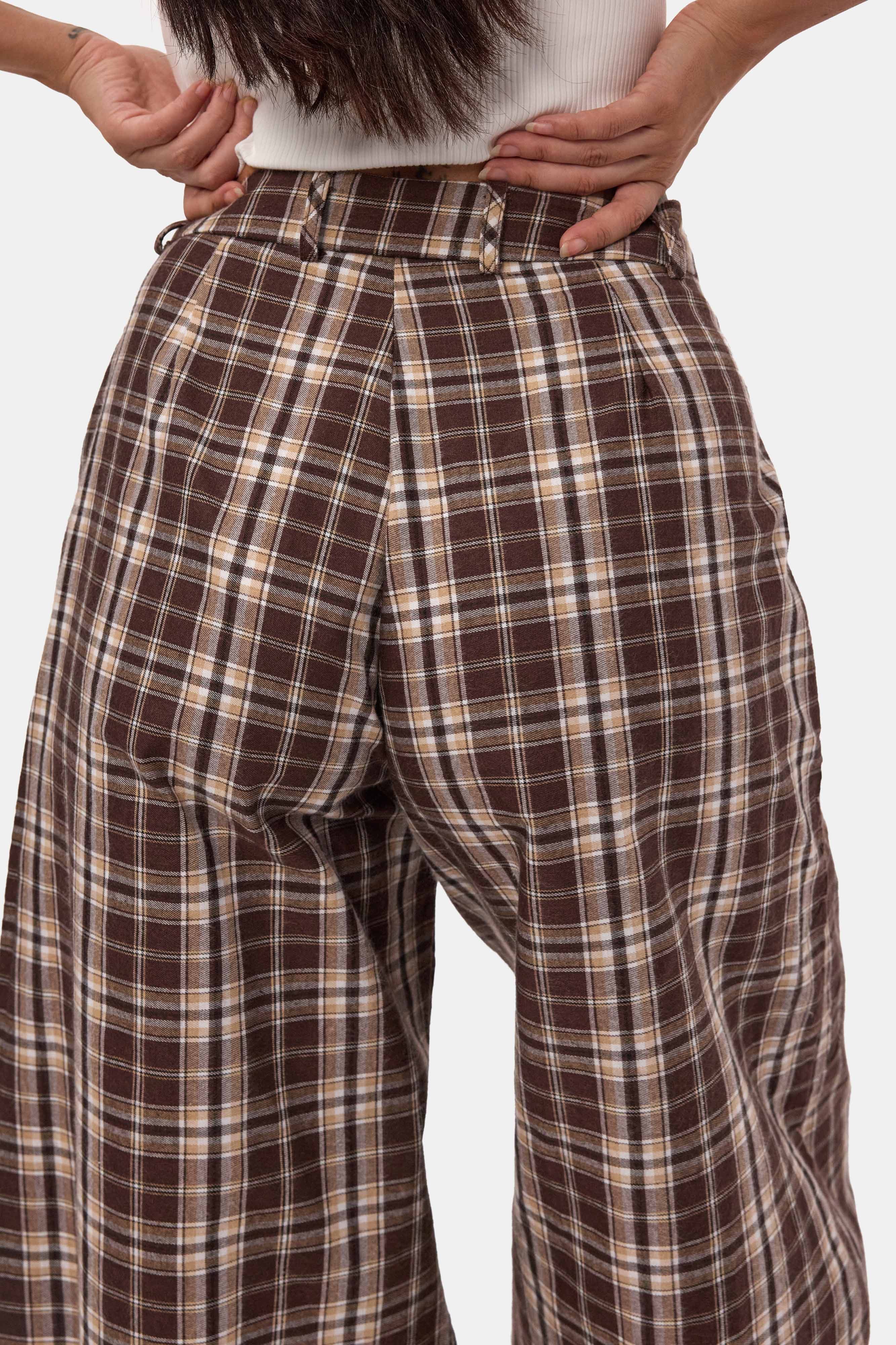 Kadın Kahve Ekose s6-14 Skater Fit Bol Kesim Pantolon