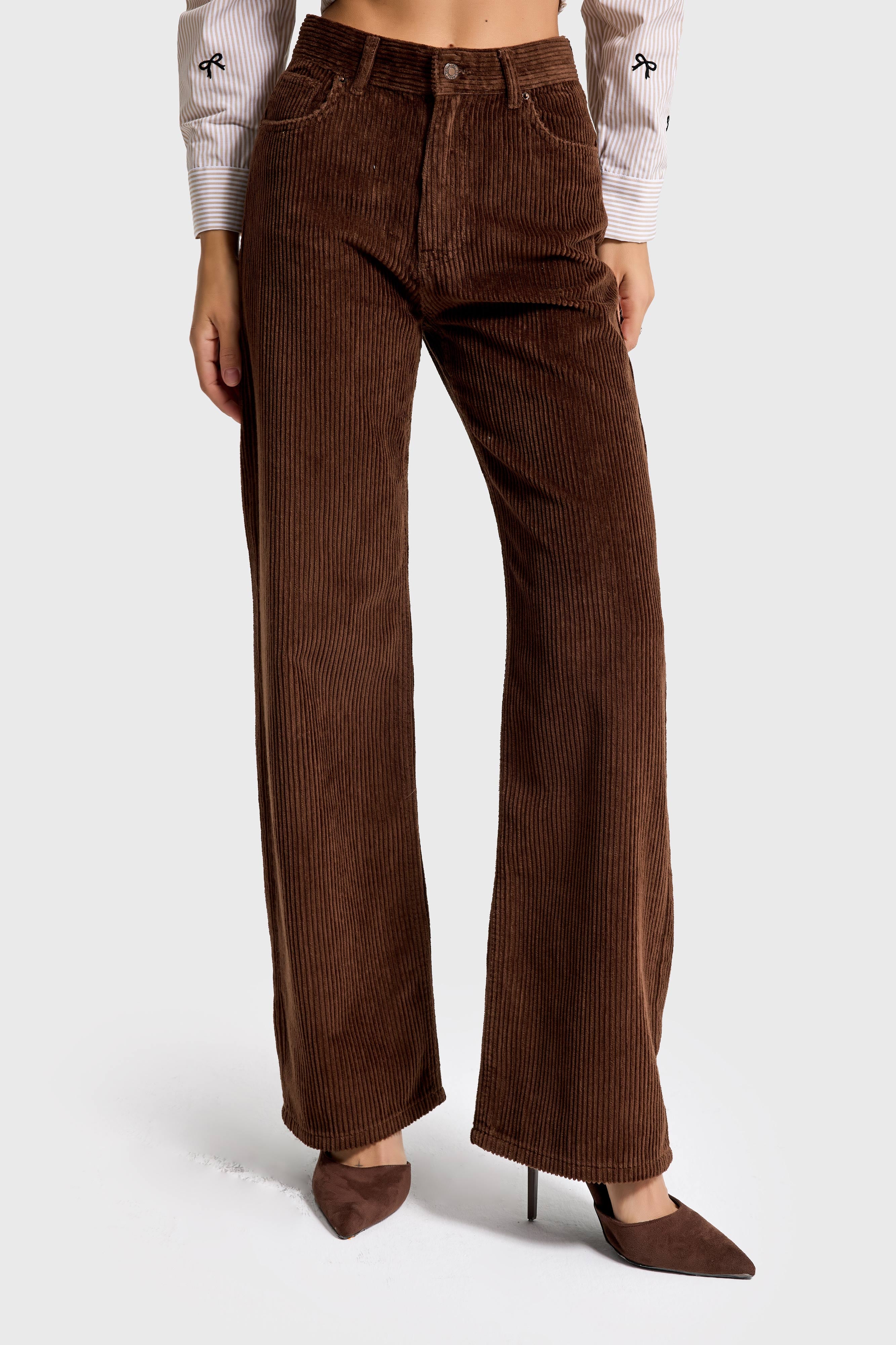 Kadın Kahverengi Doris 26w5-42 Straight Fit Yüksek Bel İç Boy 80cm Kalın Fitilli Kadife Velvet Kumaş Pantolon