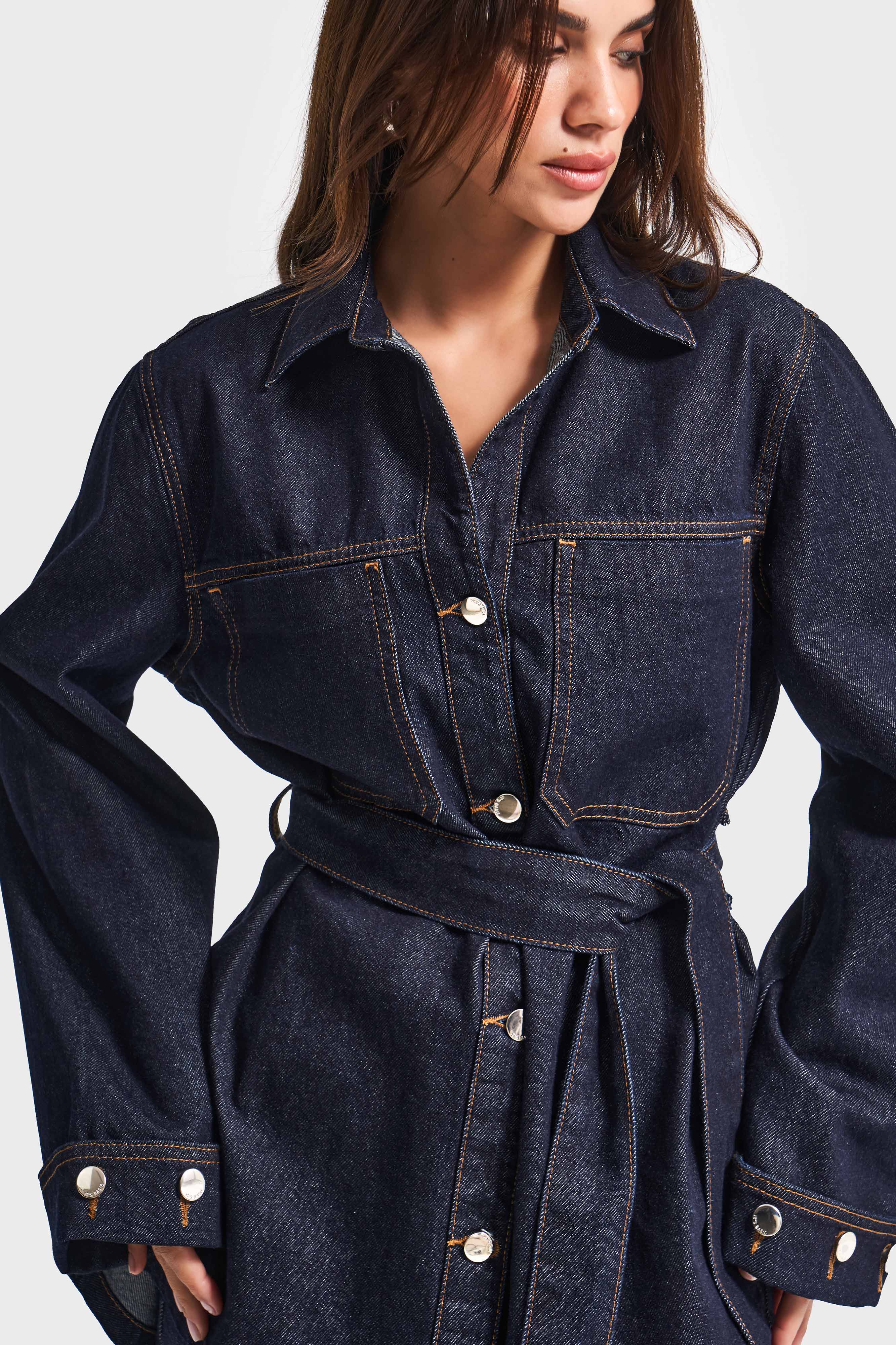 Kadın İndigo Renk 7w5-50 Kemer Detaylı %100 Koton Denim Trençkot