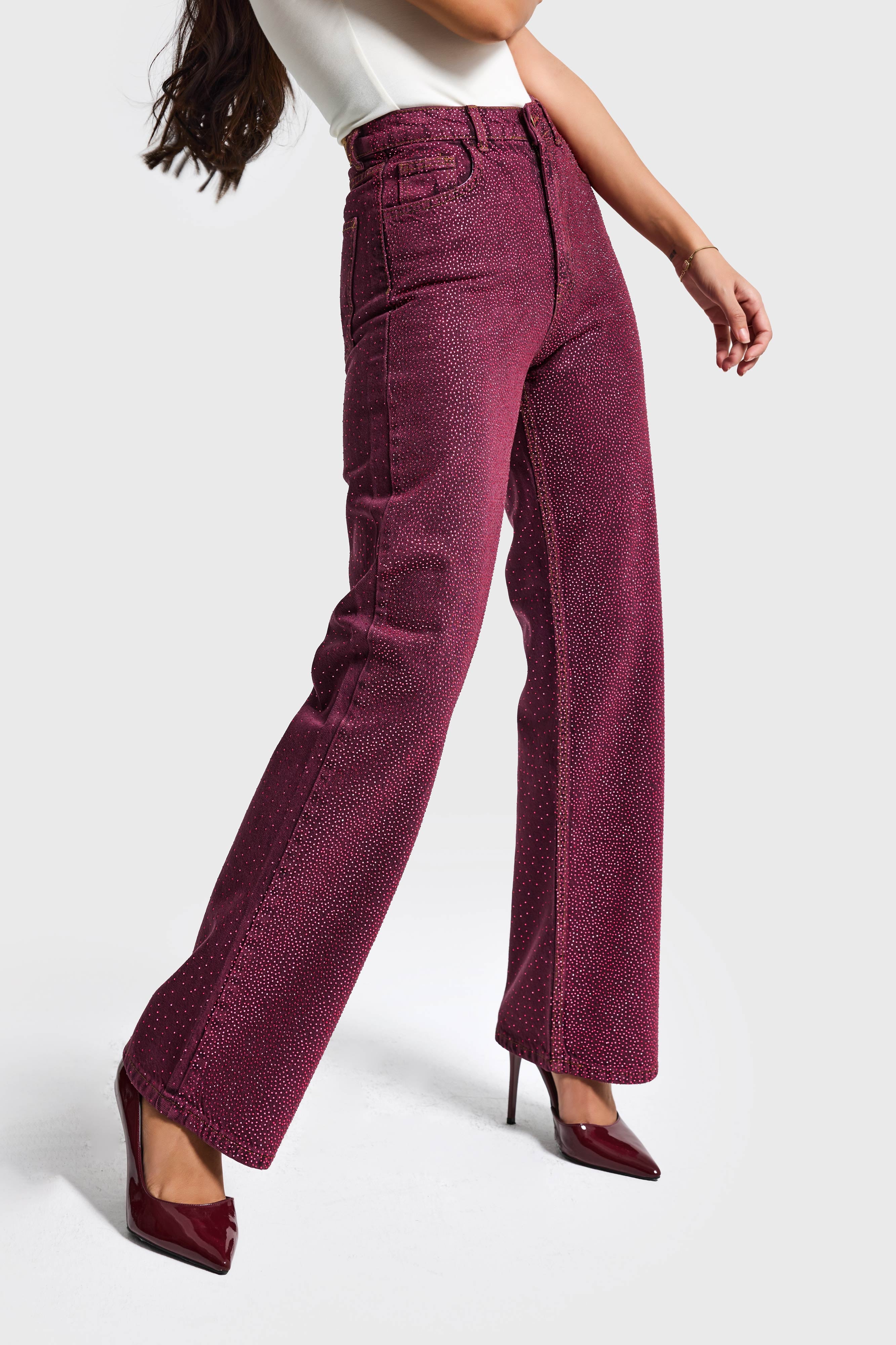 Kadın Bordo Renk T3-20w5-98 Straight Fit Yüksek Bel Ön ve Arka Parlak Taşlı Özel Tasarım Denim Jean