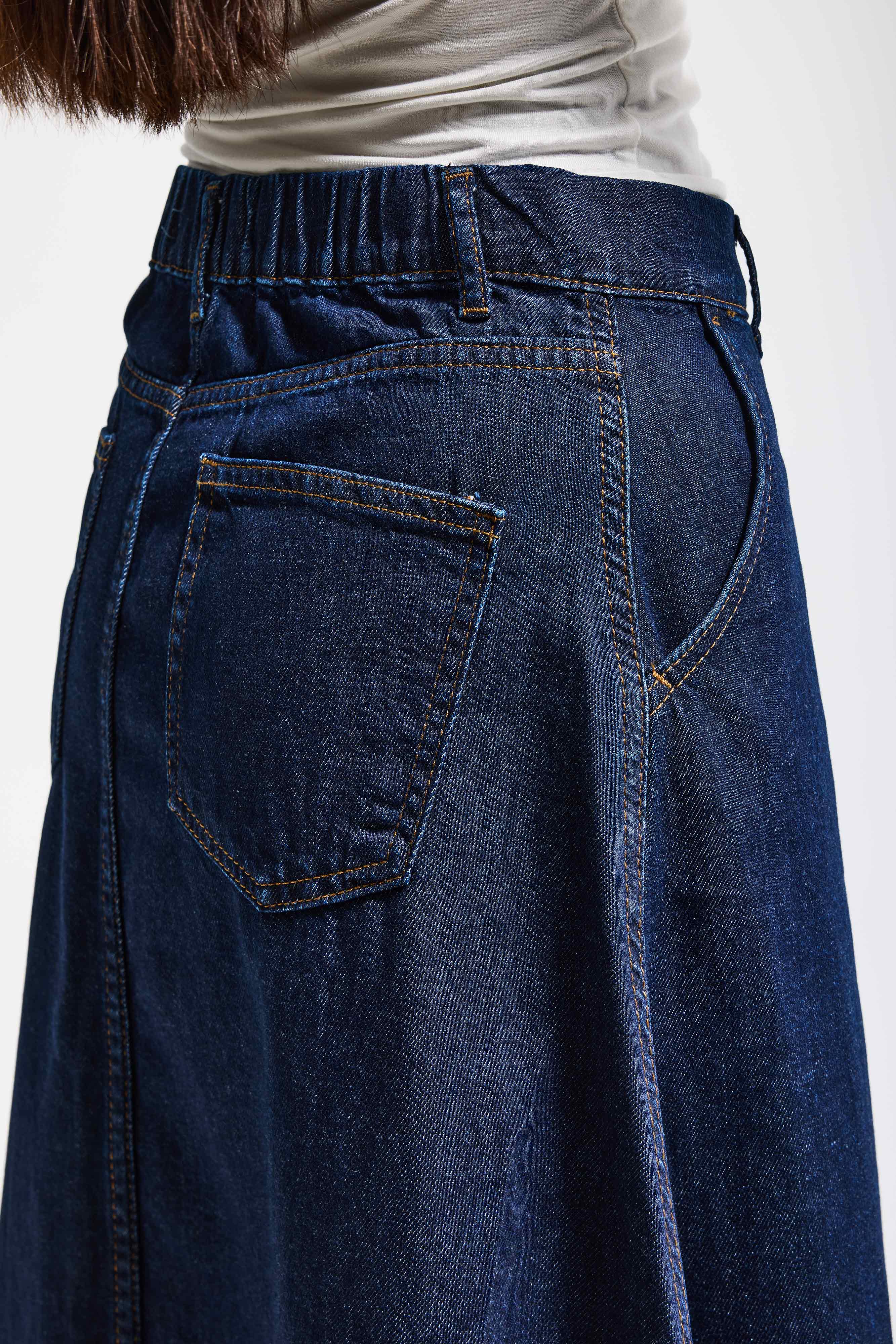 Kadın İndigo Renk 7w5-50 A Tipi Çan Kesim Maxi Boy %100 Koton Denim Etek