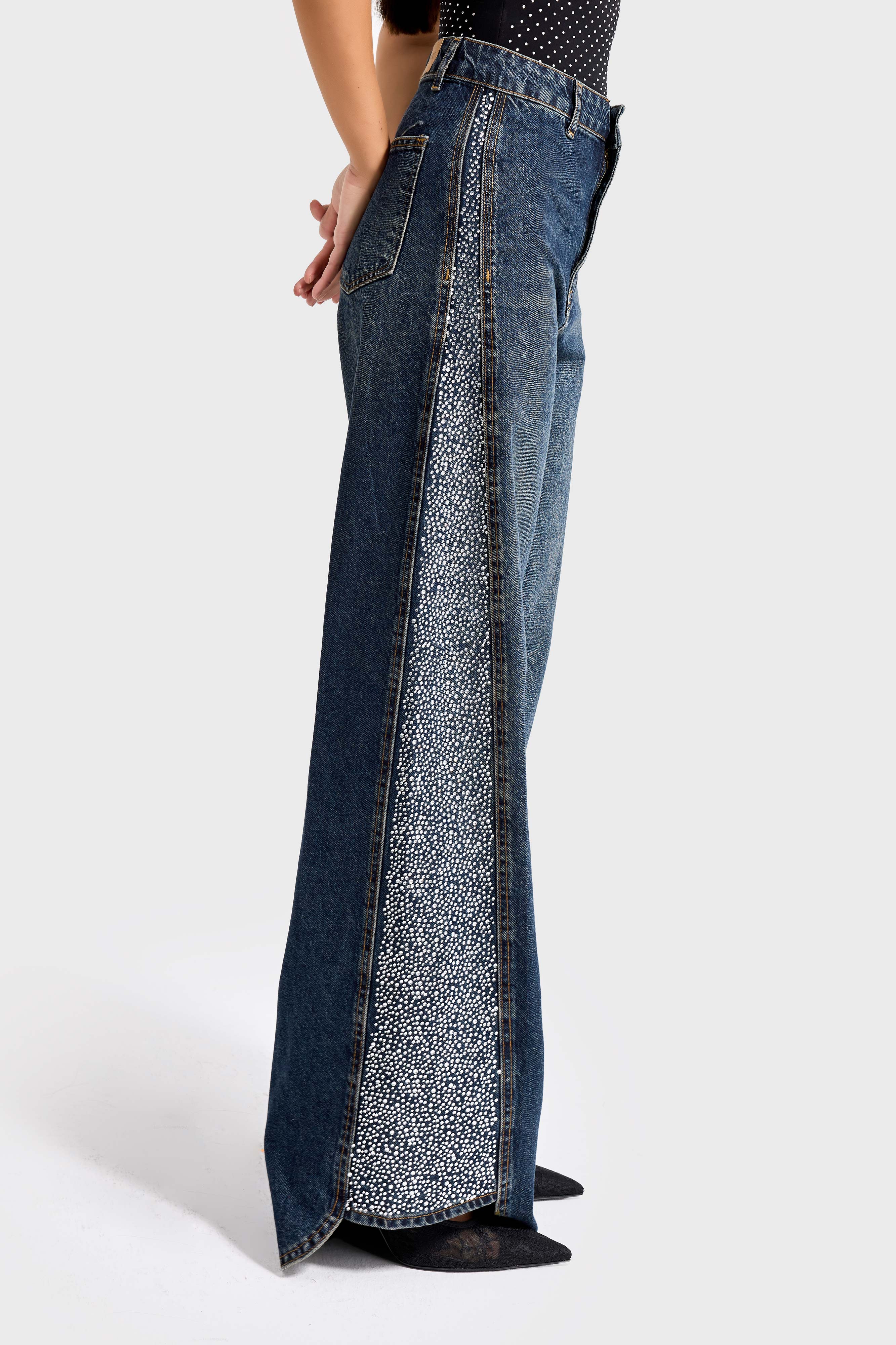 Женские джинсы T.Jeans, цвет 2w49, блестящий, с отделкой из камня, с широкими штанинами, дизайн деним