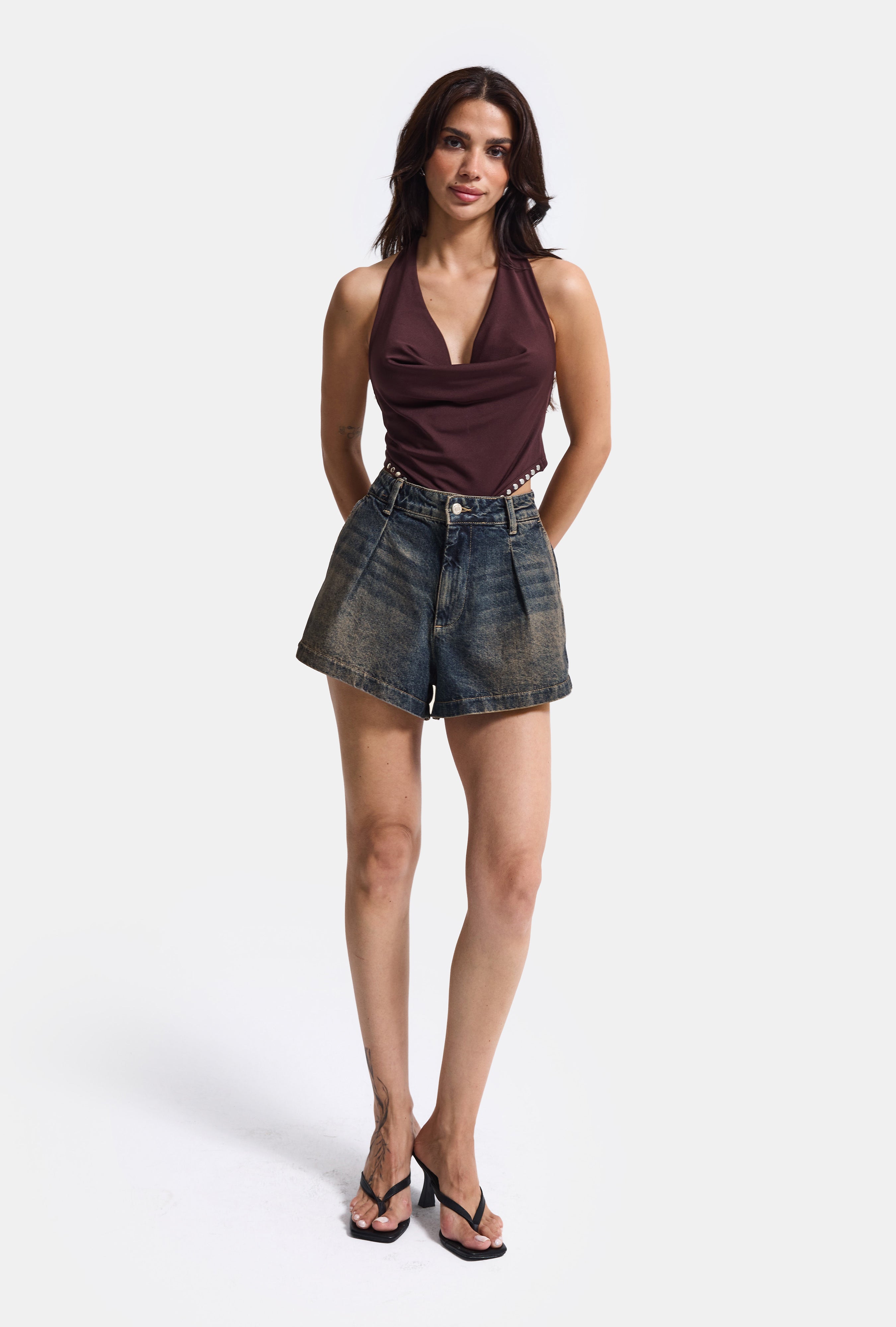 Women's Dark Blue Mini Pleated Denim Shorts