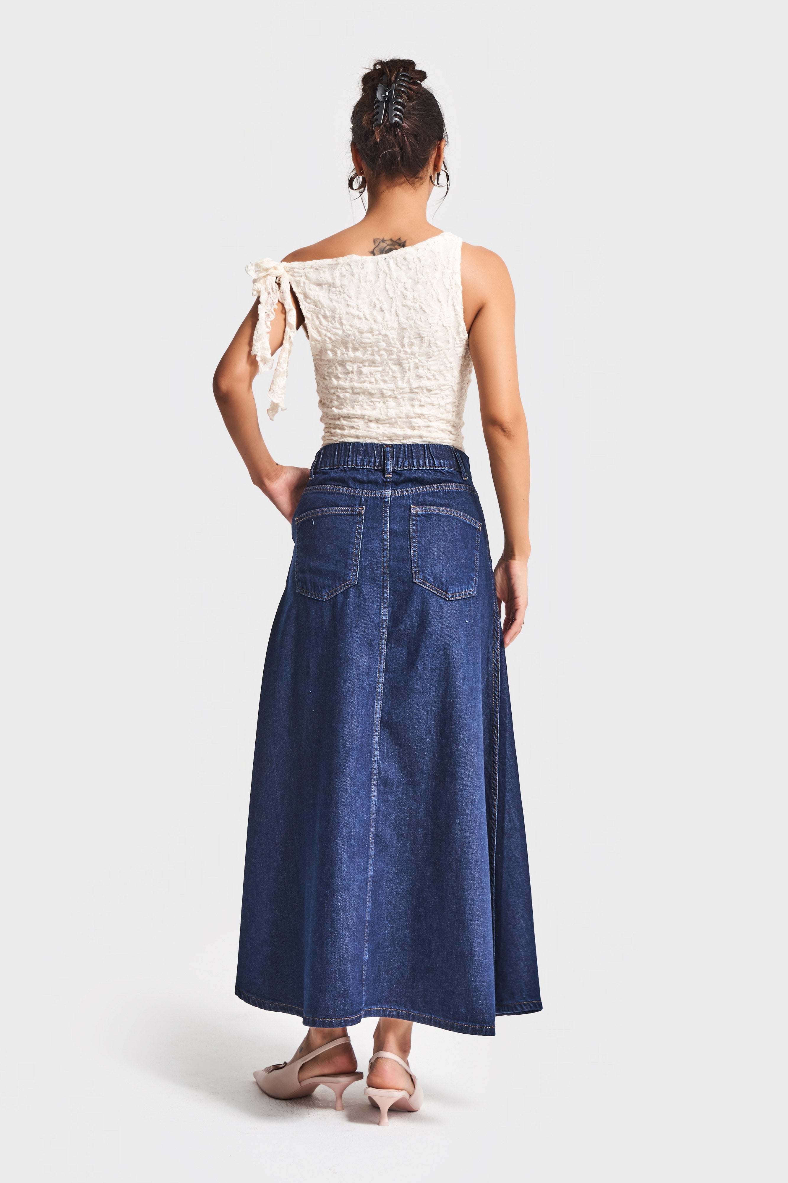 Kadın İndigo Renk 7w5-50 A Tipi Çan Kesim Maxi Boy %100 Koton Denim Etek