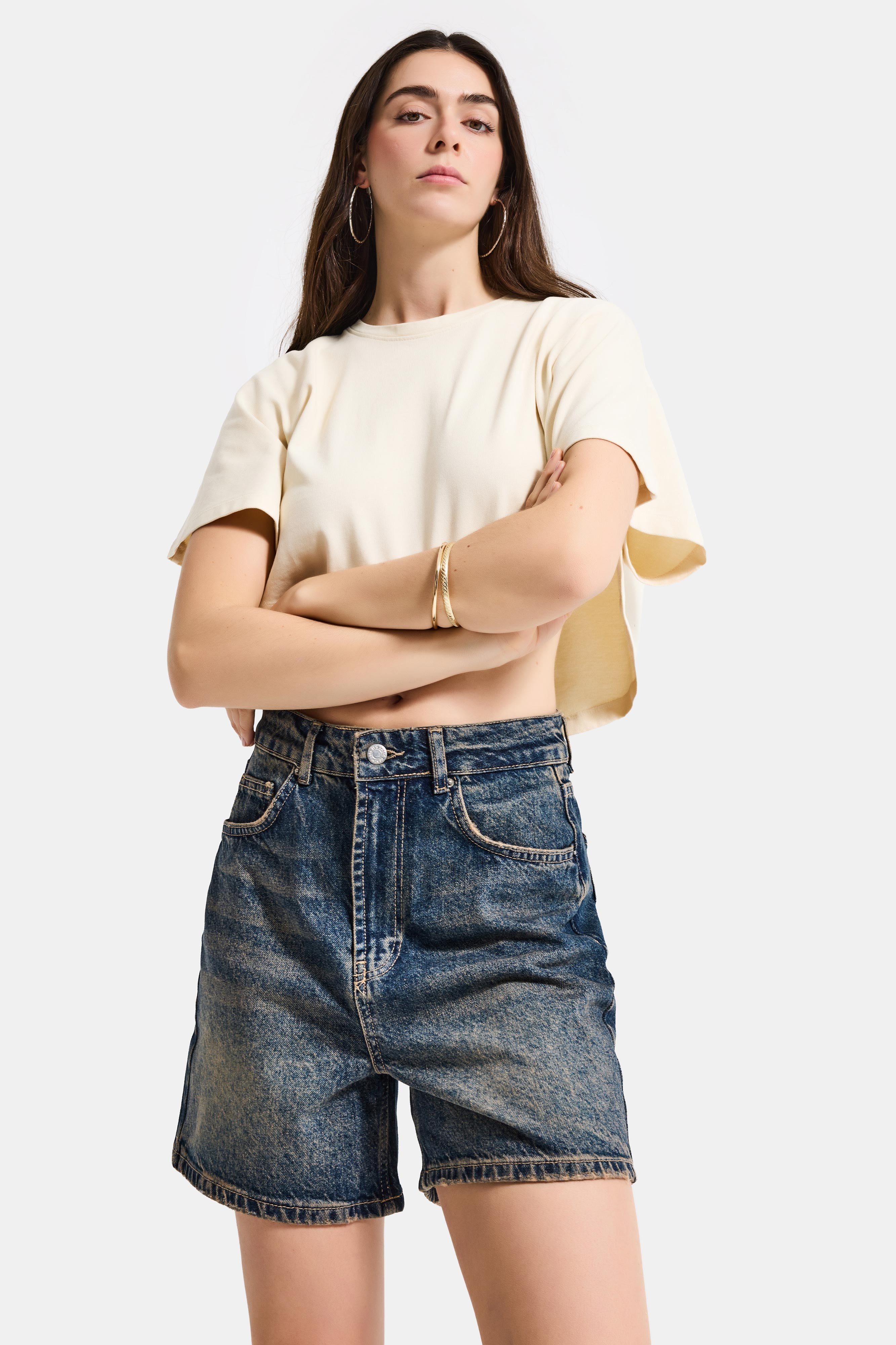Kadın Koyu Tint Diana 2s6 Mom Fit Midi Boy Denim Şort