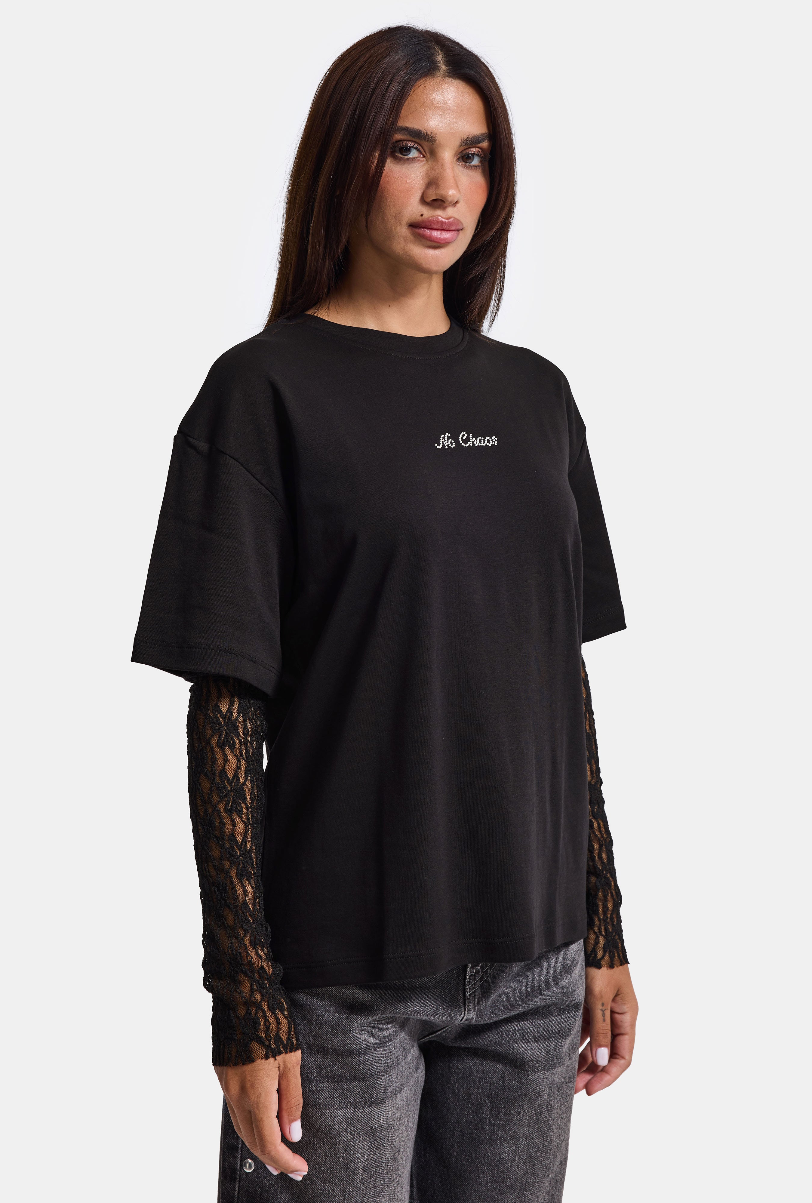 Kadın Siyah w6-1 Oversize Dantel Detaylı Uzun Kollu Tasarım T-Shirt