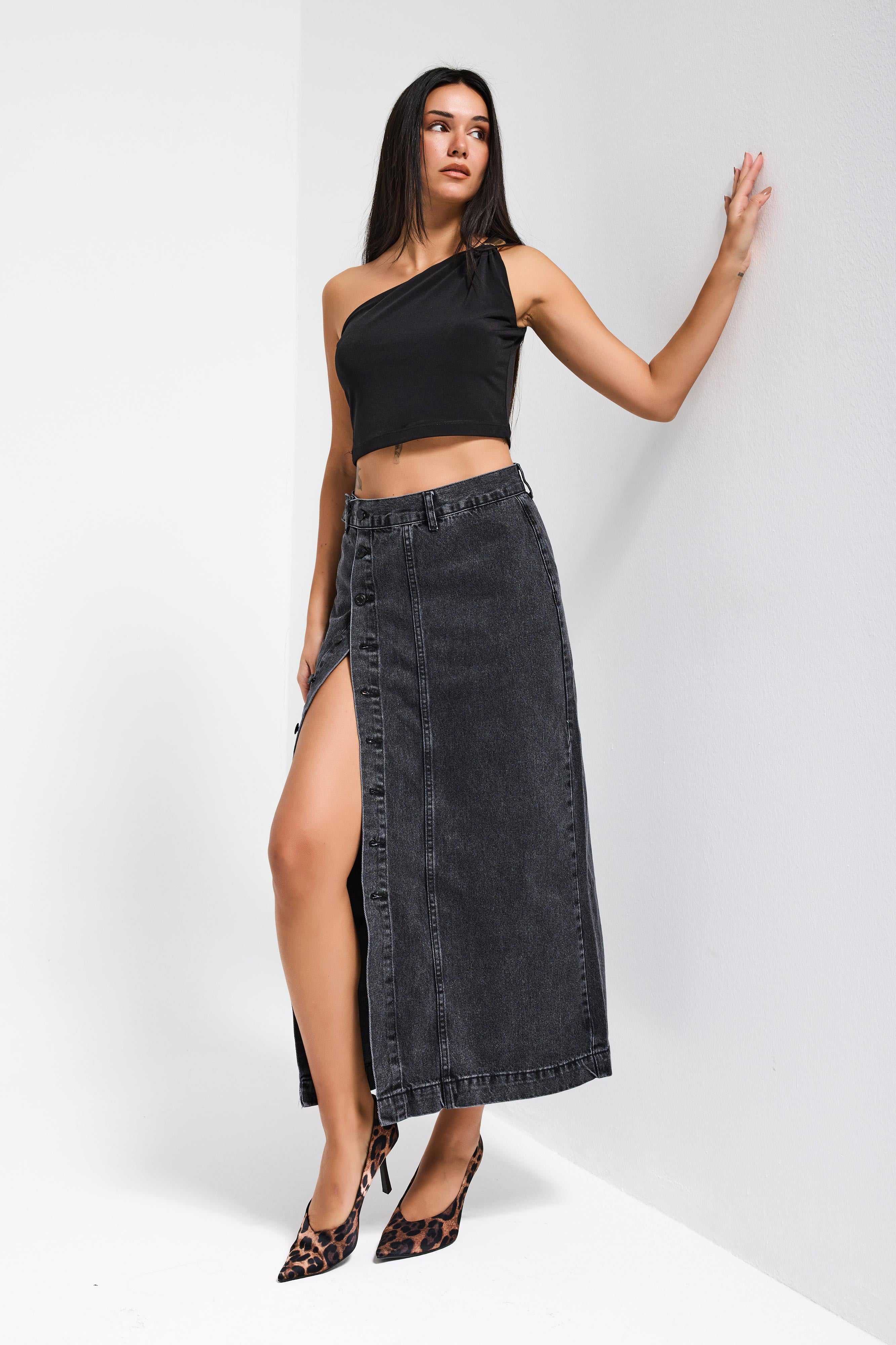 Women's Gray Smoke Color Front Buttoned Maxi Length Denim Skirt