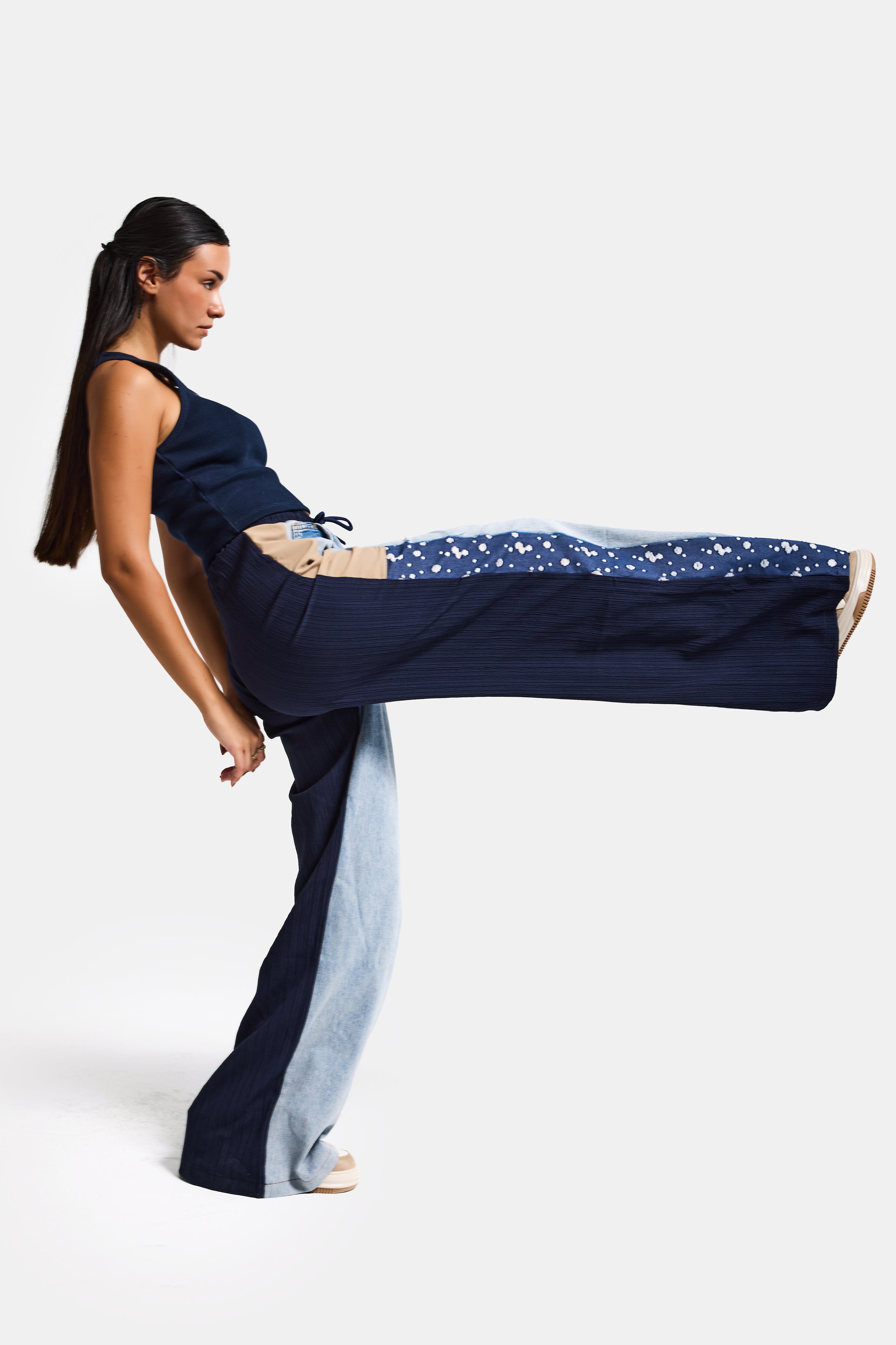 Kadın Kot Rengi Kumaş Denim Parçalı Bol Kesim Tasarım Denim Pantolon