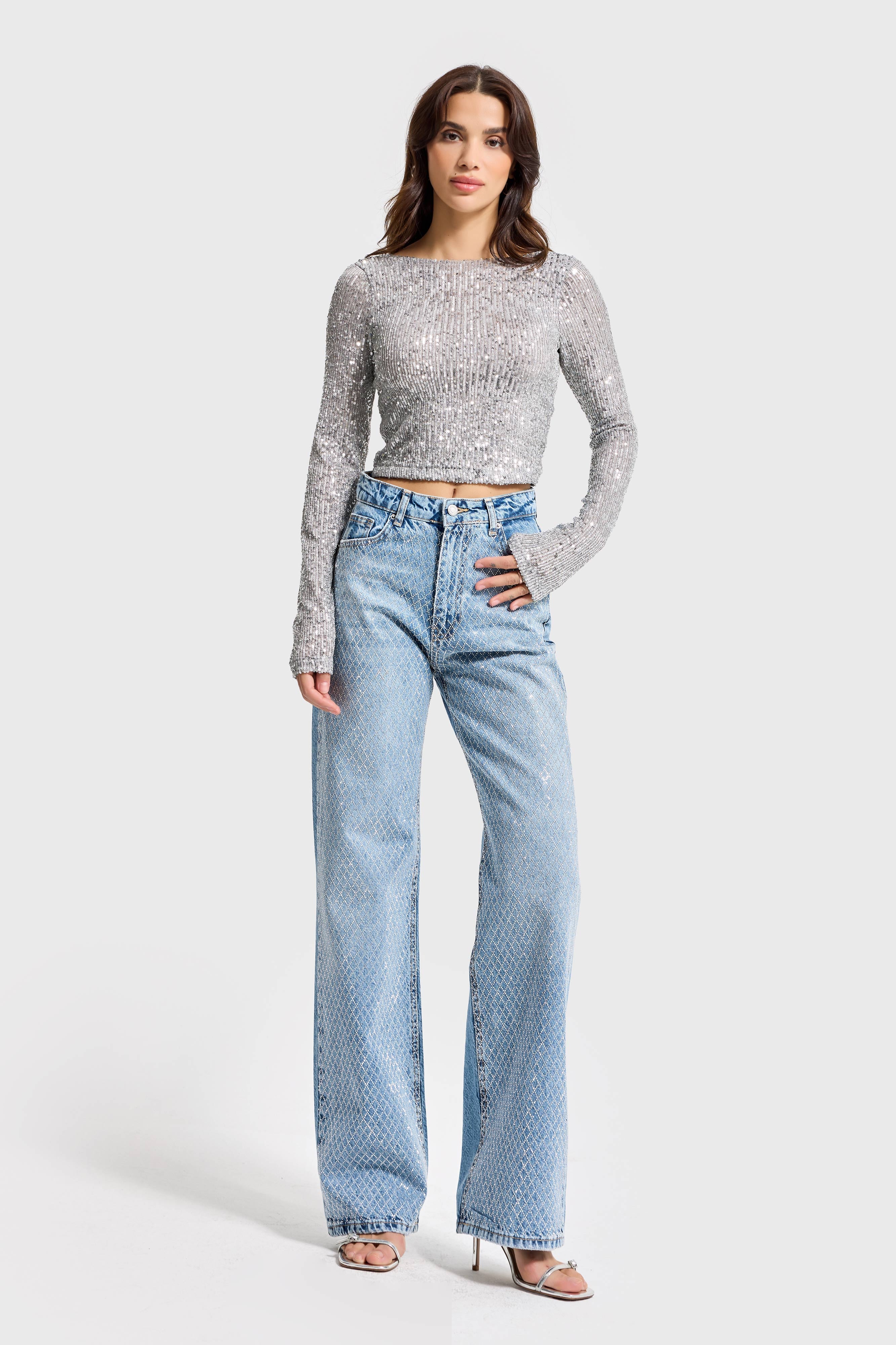 Kadın Kot Rengi Doris T34S527 Parlak Taşlı Tasarım Straight Fit Denim