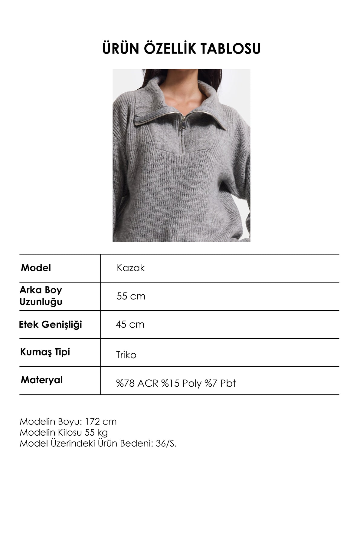 Kadın Gri w6-12 Oversize Fermuarlı Triko Kazak