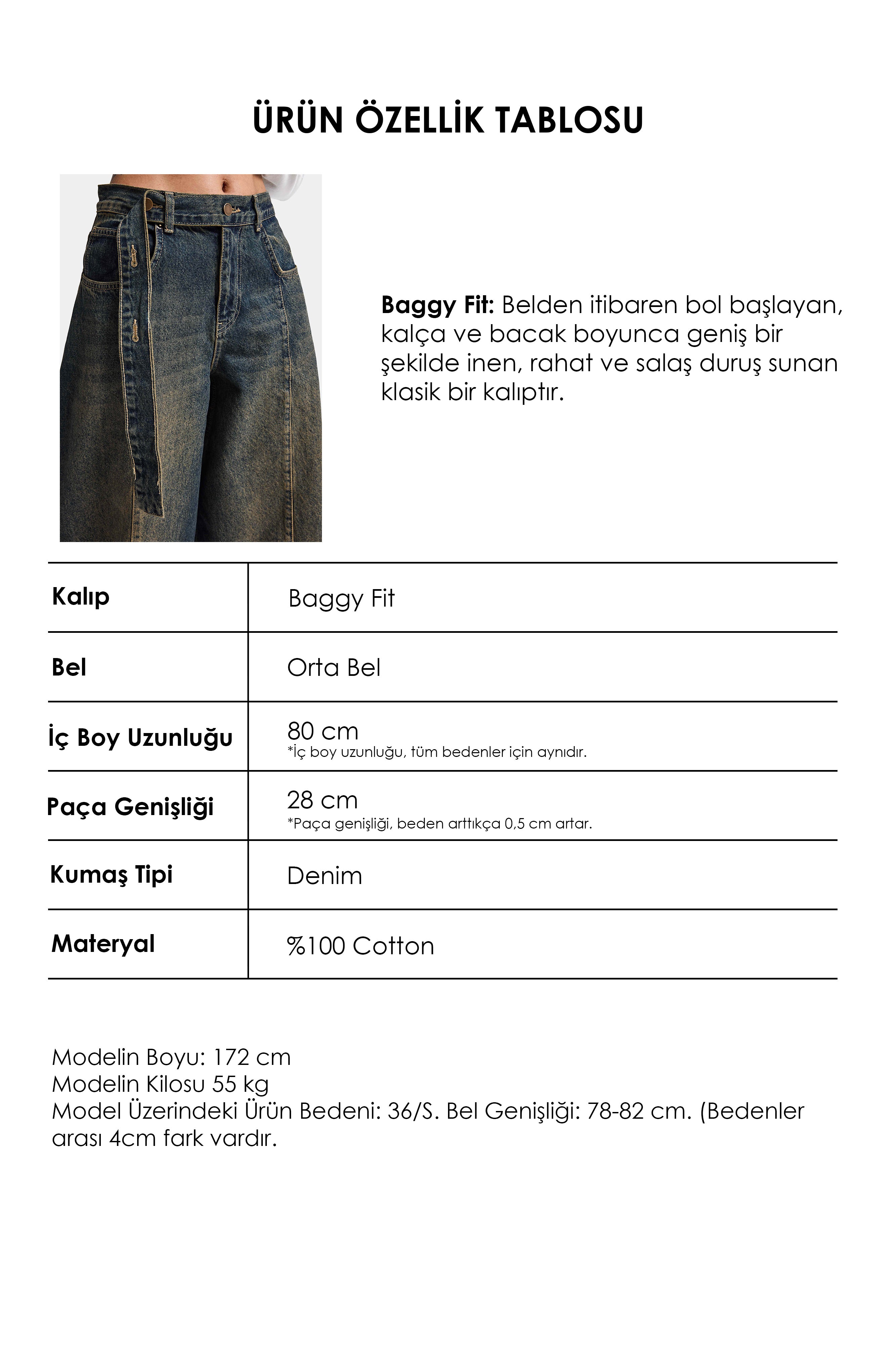 Kadın Tint Kot Rengi 2w6-11 Baggy Kemerli Orta Bel Denim Jean