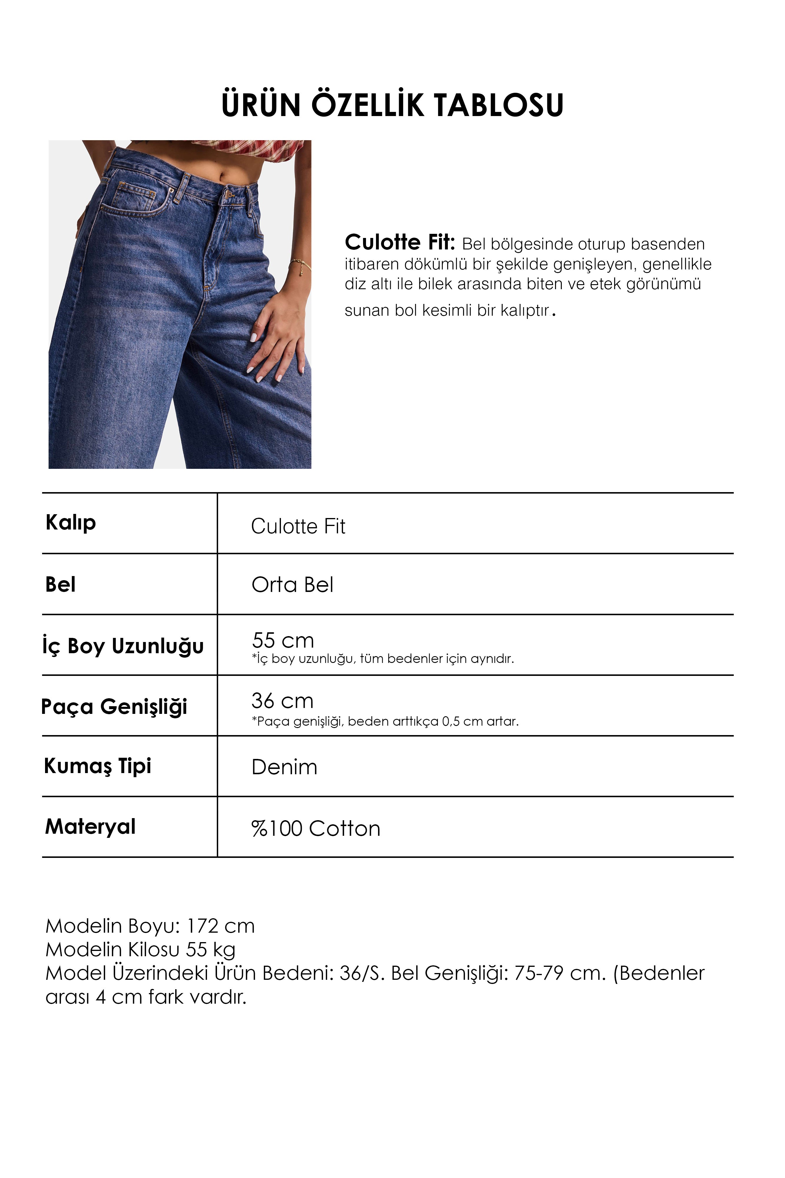 Kadın Koyu Kot 4w6-98 Culotte Fit Kiraz Nakış Detaylı Tasarım Denim Jean