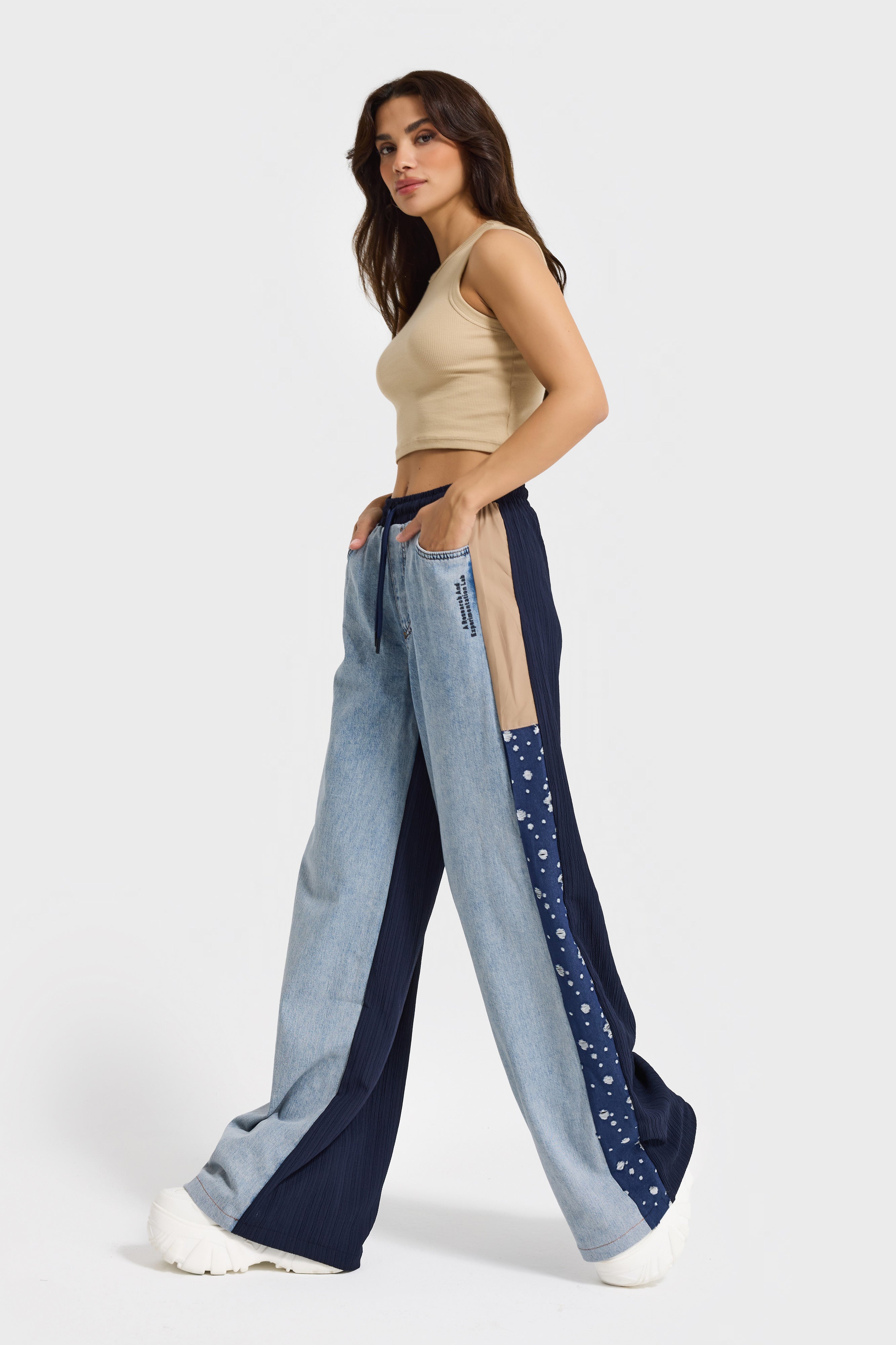 Kadın Kot Rengi Kumaş Denim Parçalı Bol Kesim Tasarım Denim Pantolon