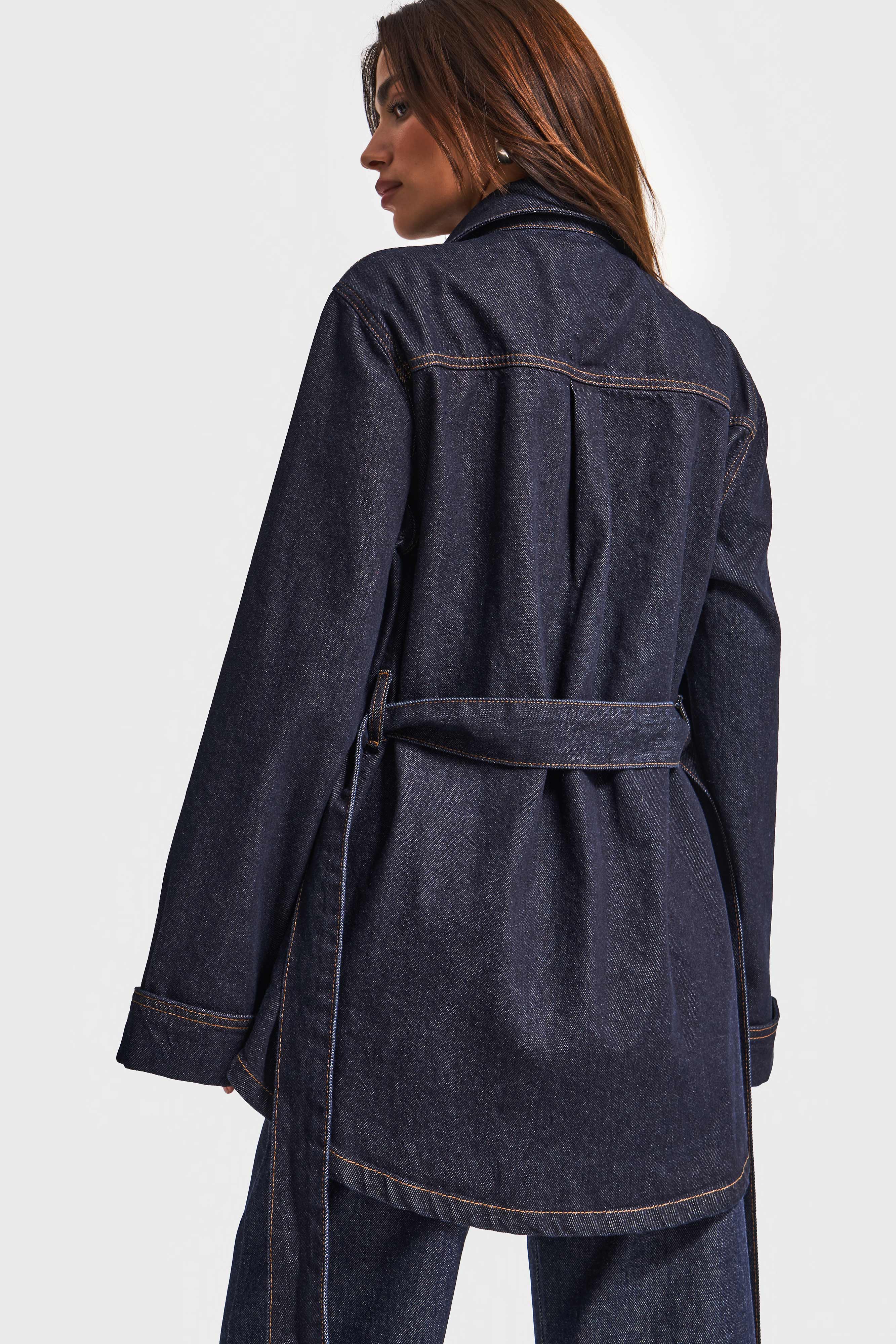 Kadın İndigo Renk 7w5-50 Kemer Detaylı %100 Koton Denim Trençkot