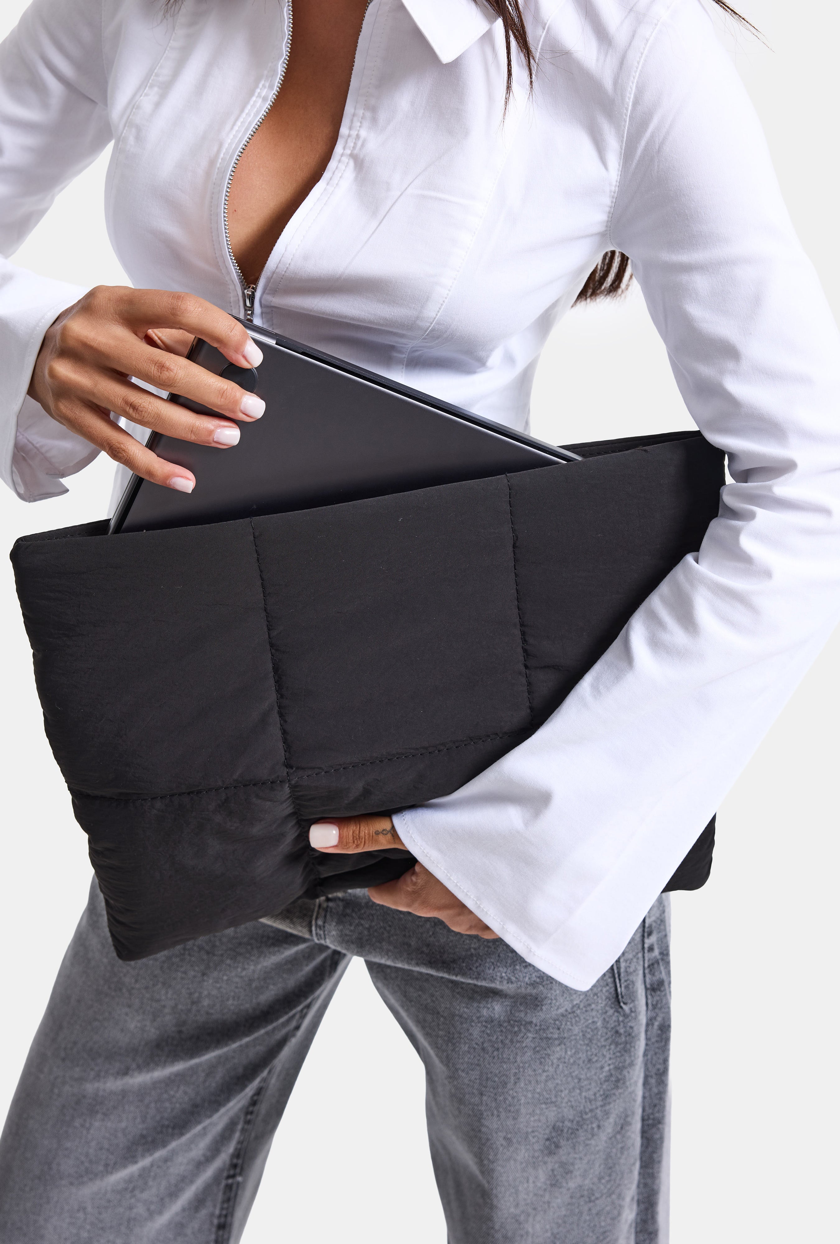 Black Magnetic Mouth Padded Velvet Lined Computer Handbag