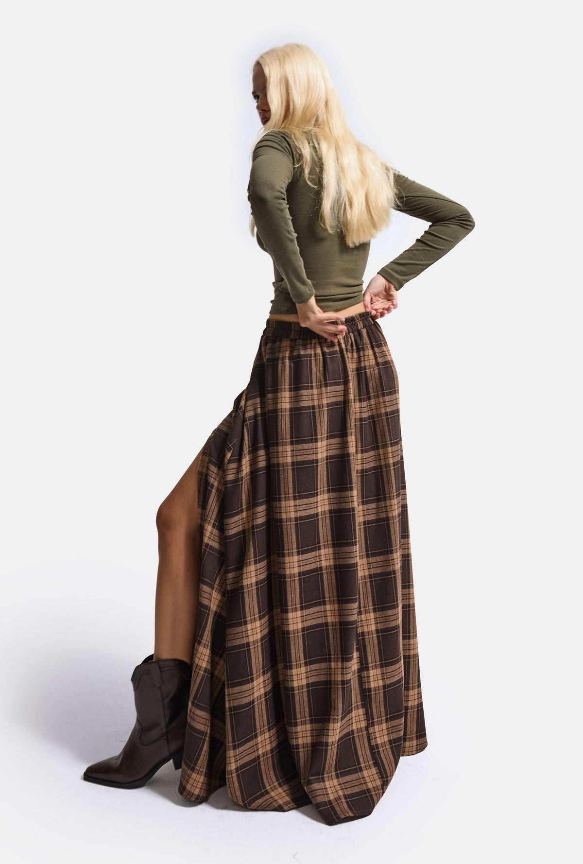 Women's Coffee Plaid s6-14 Maxi Length Slit Detailed Cotton Skirt