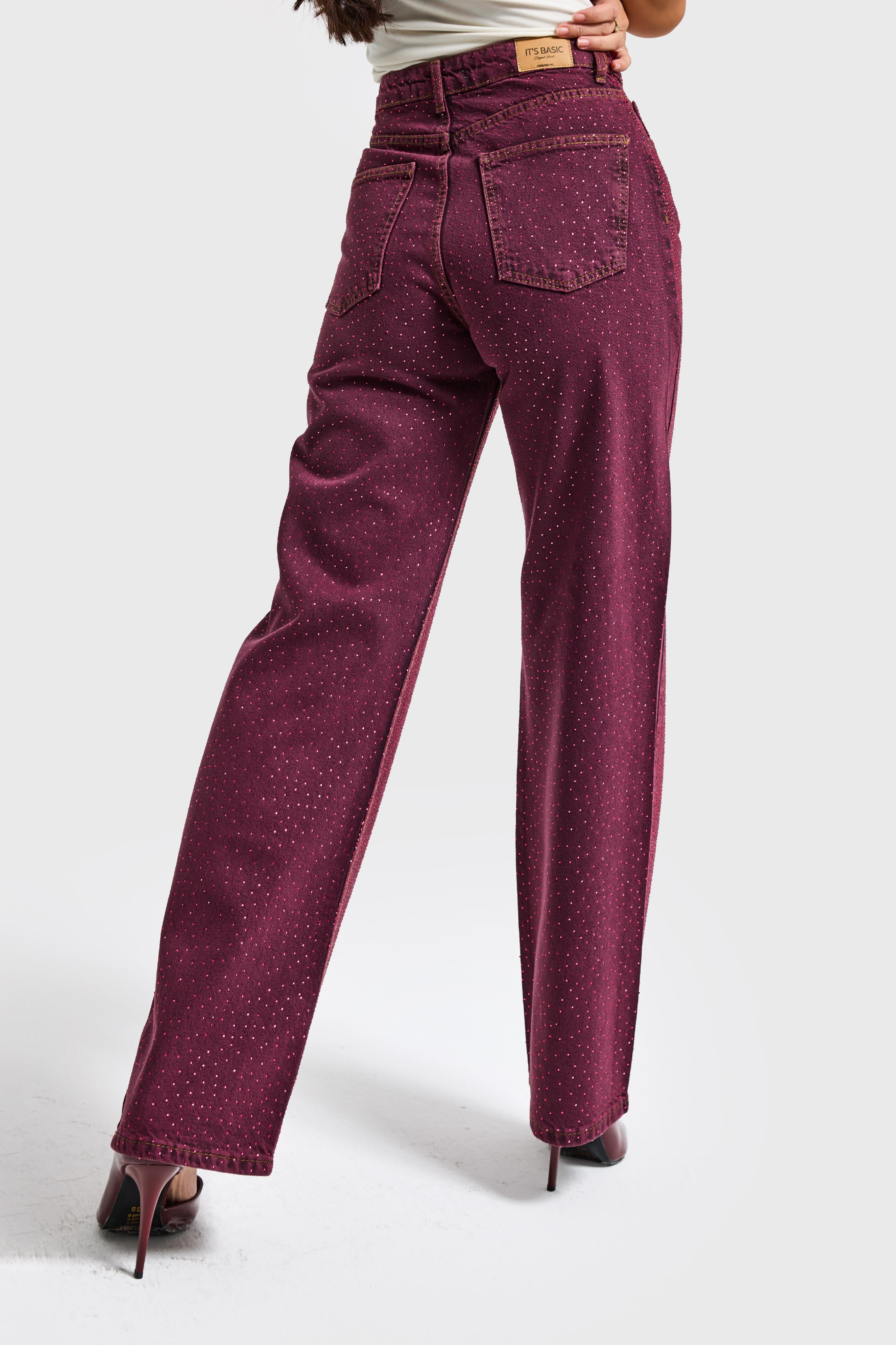 Kadın Bordo Renk T3-20w5-98 Straight Fit Yüksek Bel Ön ve Arka Parlak Taşlı Özel Tasarım Denim Jean