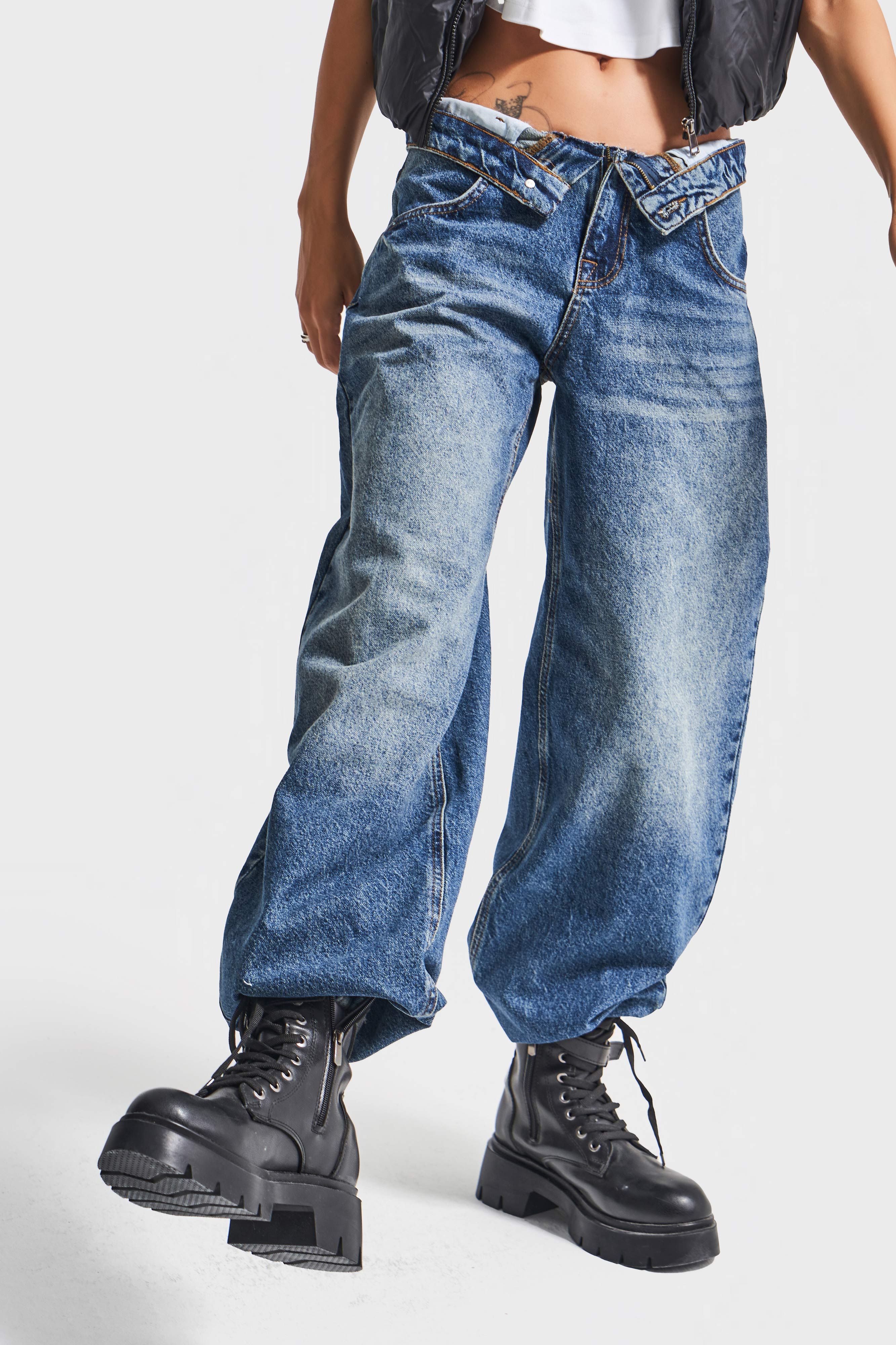 Kadın Kot Rengi 2w5-32 Baggy Balon Fit Kemer Detaylı İç Boy 81cm Tasarım Denim Jean