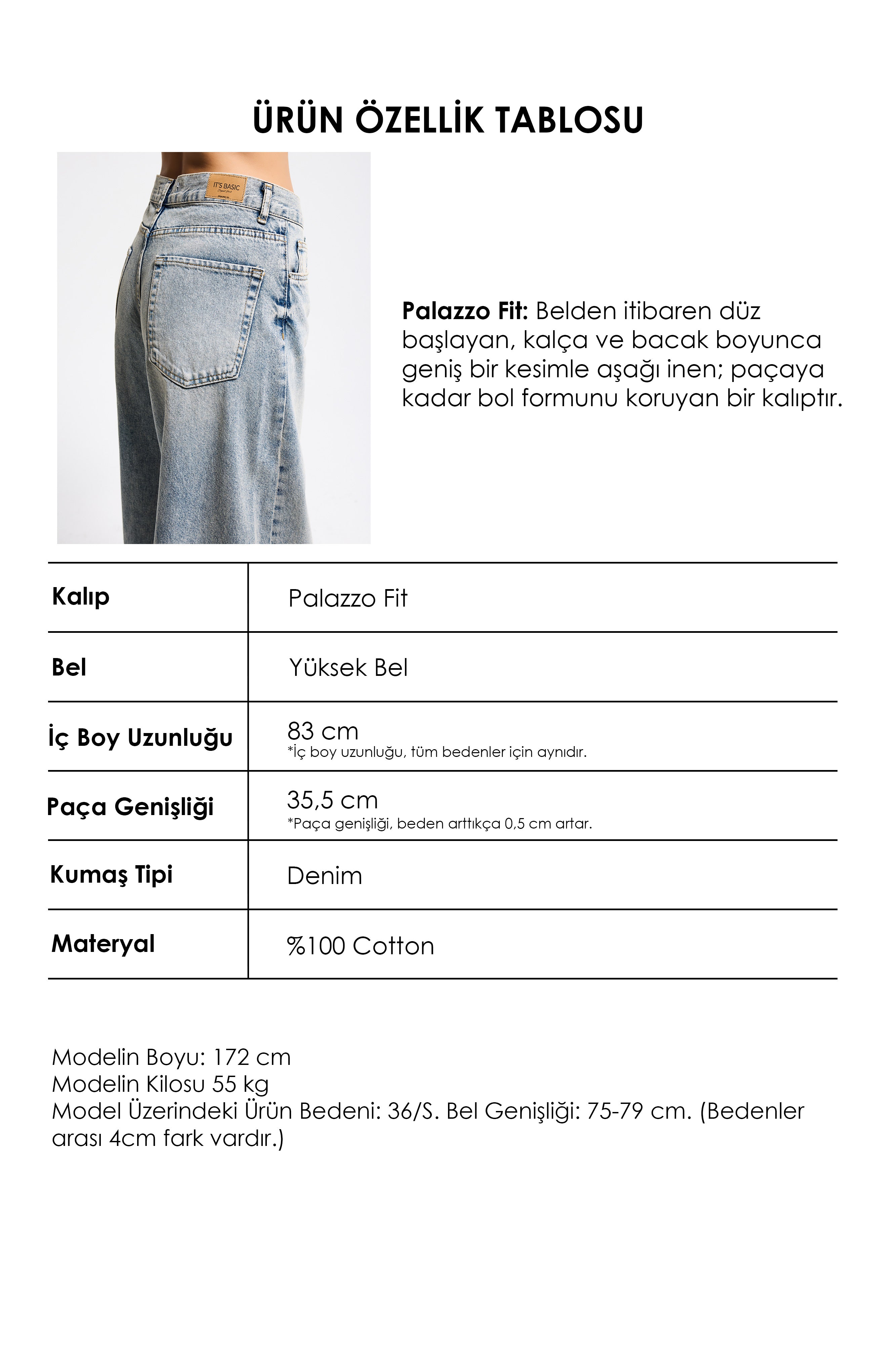 Kadın T.Kot Rengi Hera 4s6-67 Palazzo Fit %100 Koton Orta Bel Denim Jean