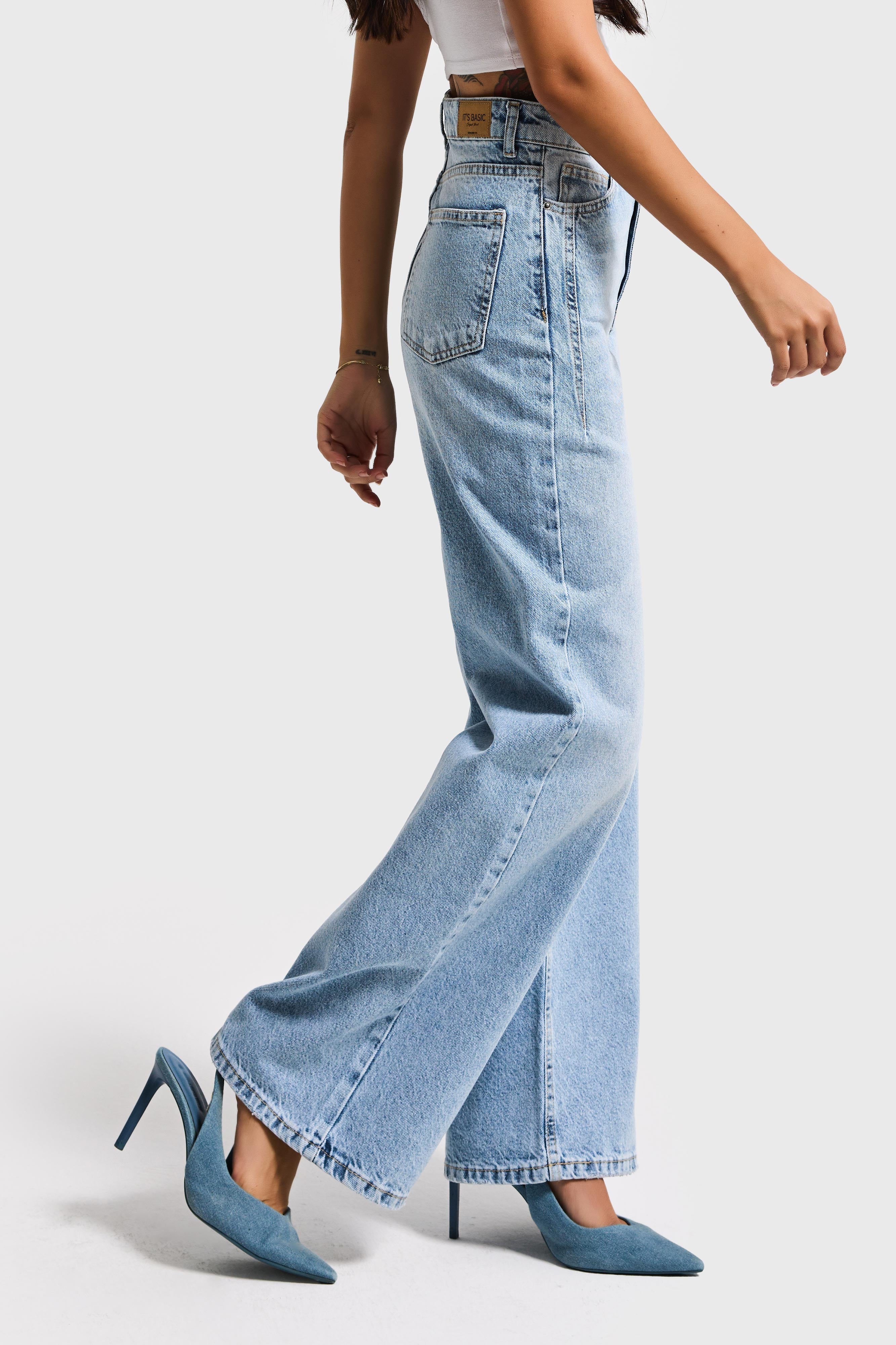 Kadın Kot Rengi Olea 4S5-3 %100 Koton Straight Wide Leg Fit Denim Jean