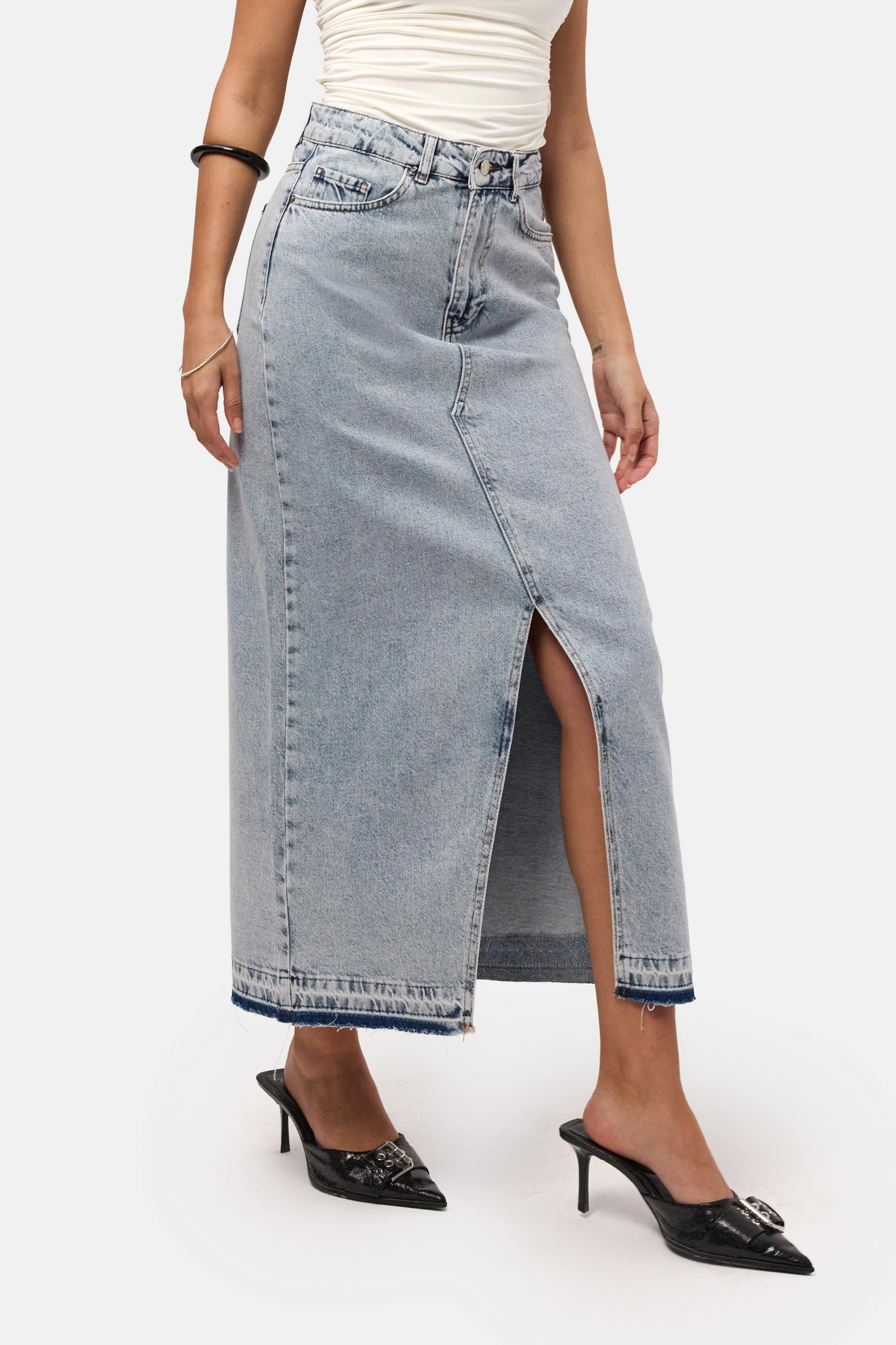 Kadın Snow Kot Rengi Derin Yırtmaçlı Yüksek Bel Uzun Denim Etek