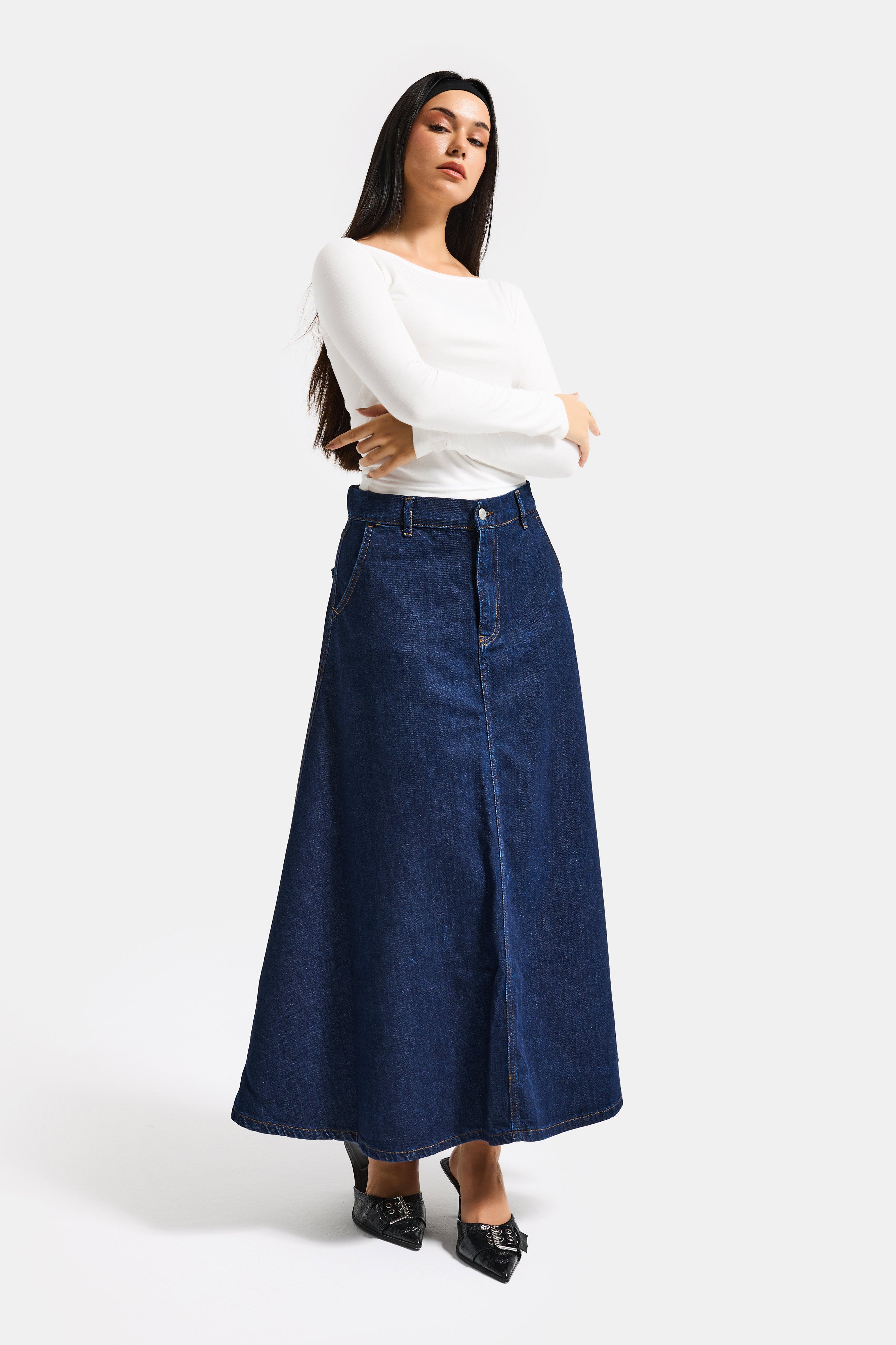 Kadın İndigo Renk 7w5-50 A Tipi Çan Kesim Maxi Boy %100 Koton Denim Etek