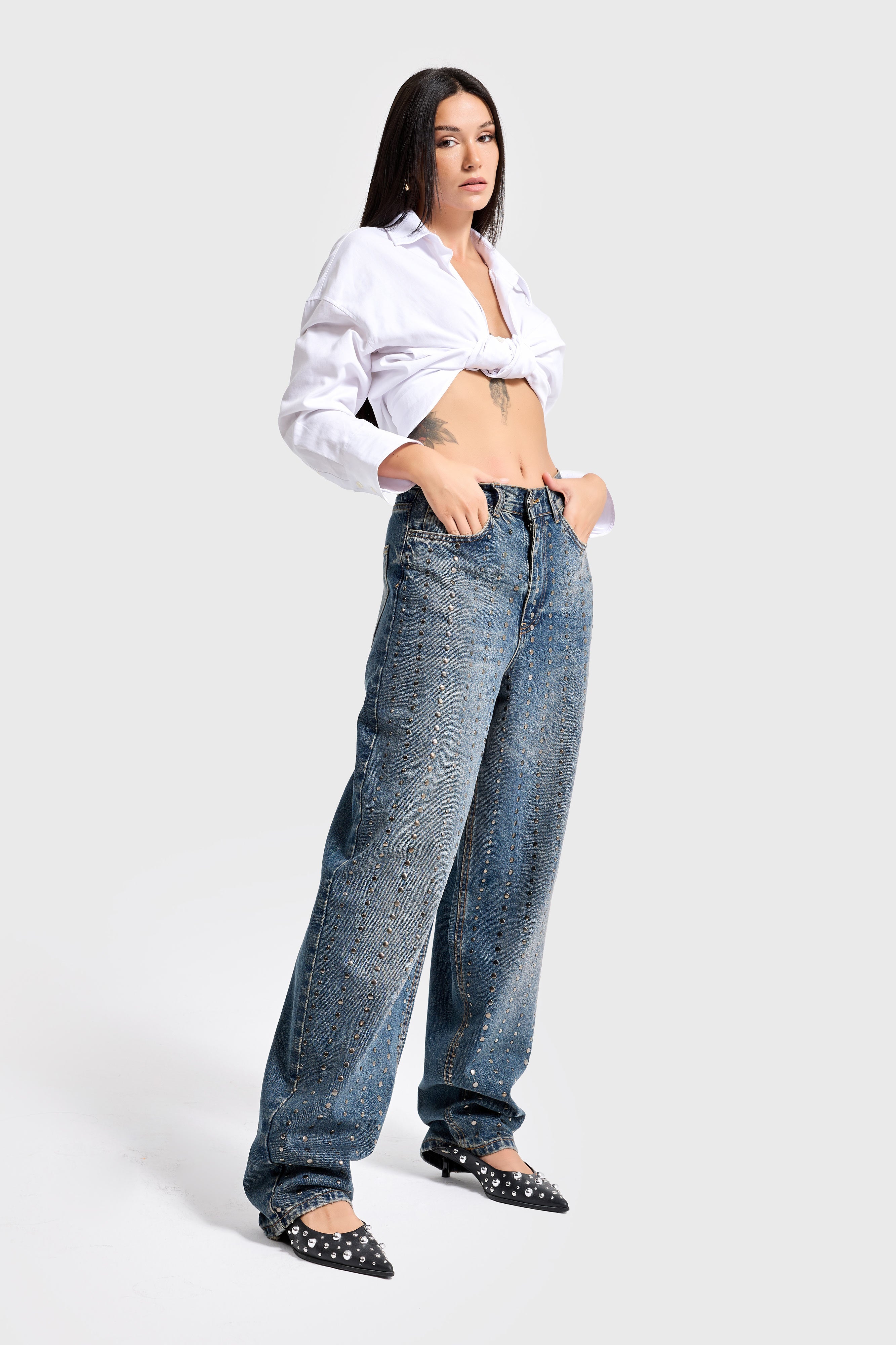 Kadın T.Kot 2w48 Rengi Taş Detaylı Skater Fit Tasarım Denim