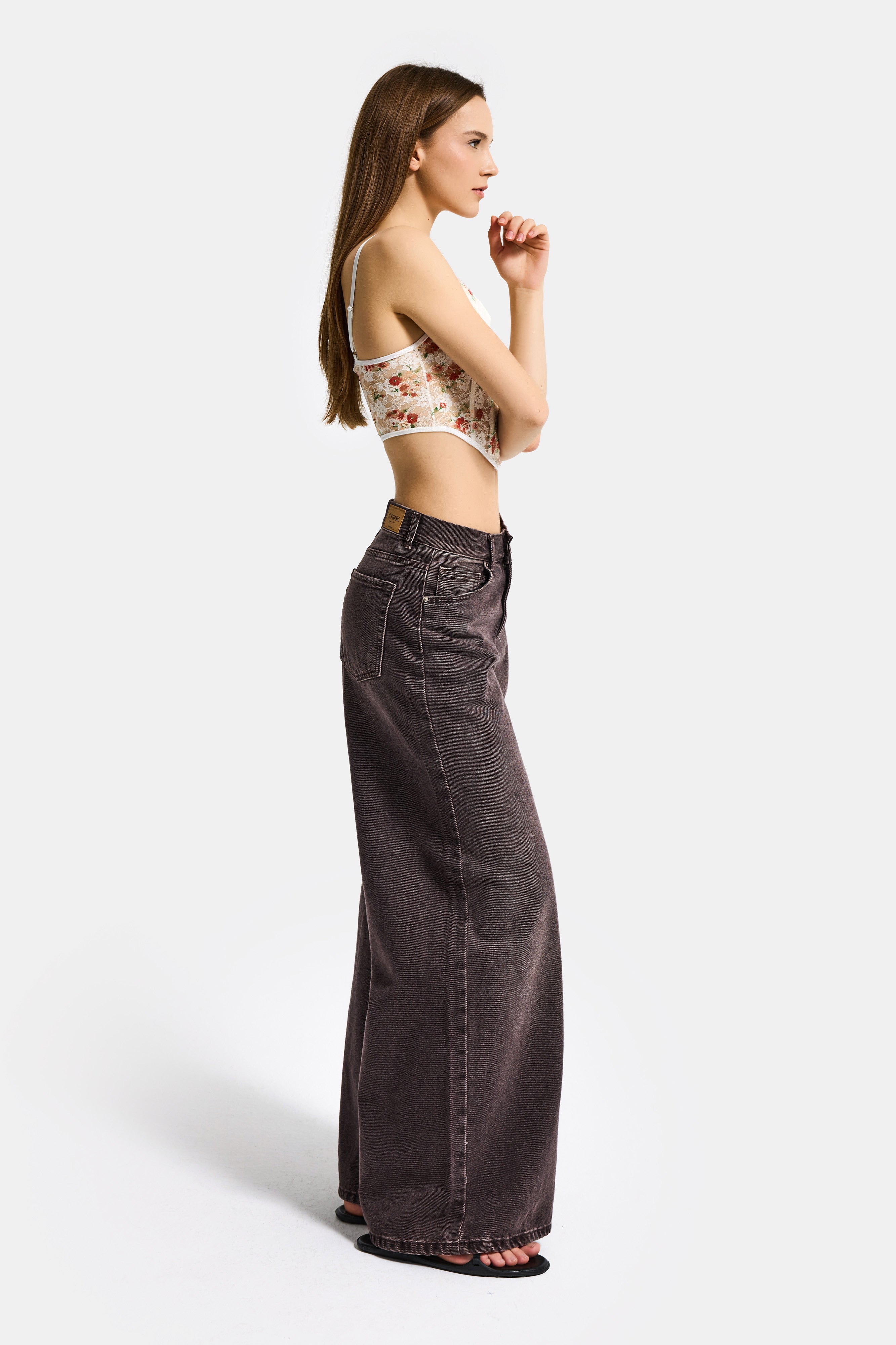 Kadın Taşlanmış Kahve Renk 4w5-16 Palazzo Fit %100 Koton İç Boy 80cm Denim Jean