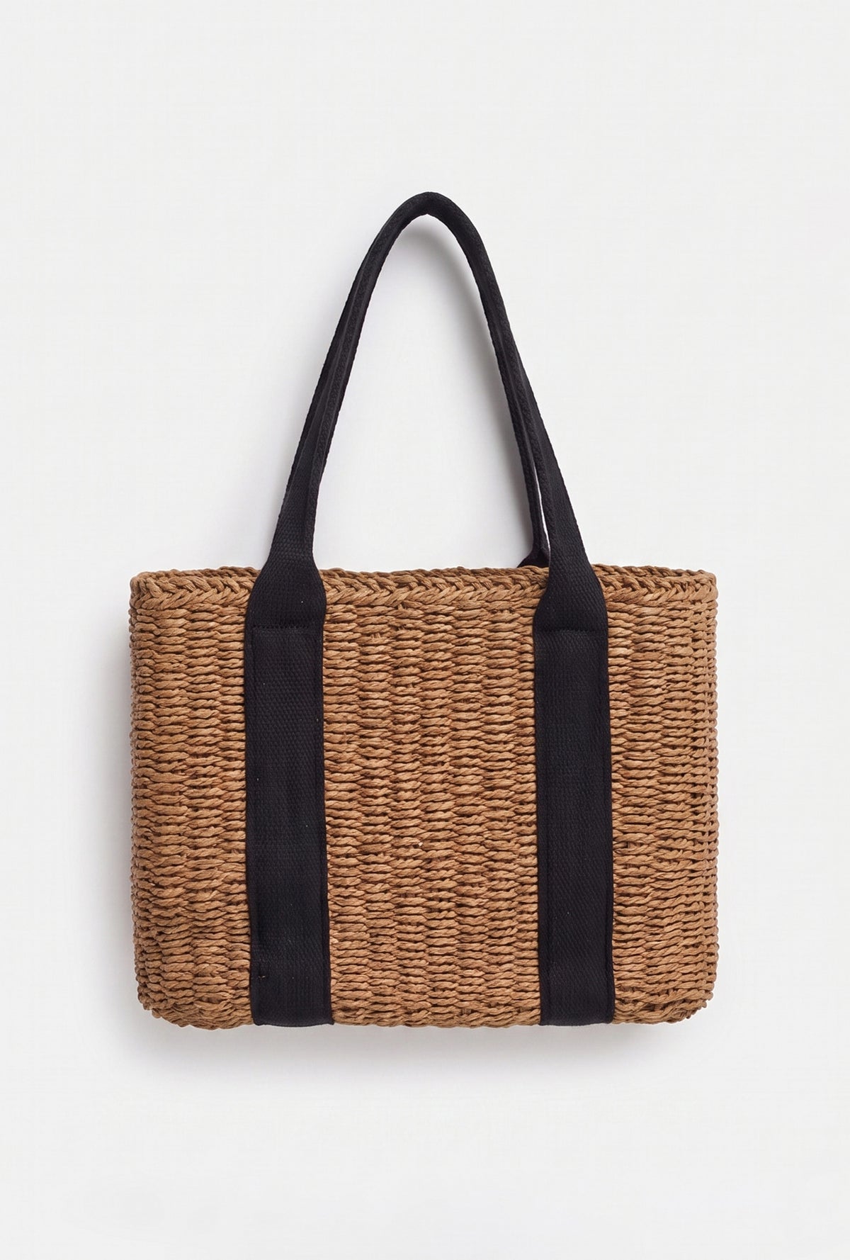 Woven Paper Straw Bag with Inner Lining - Beige