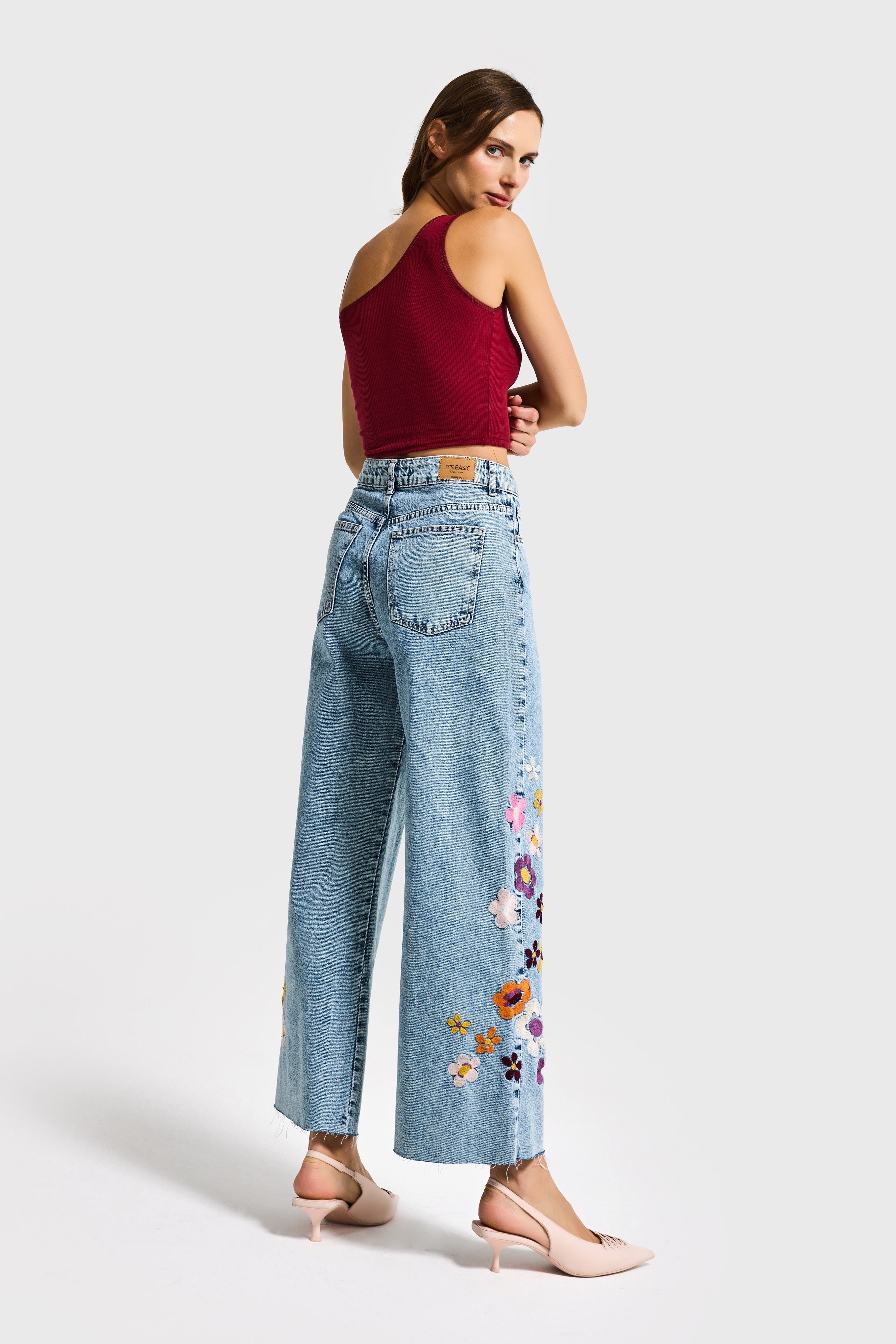 Women Snow Jeans Color Floral Embroidered Culotte Fit Design Denim