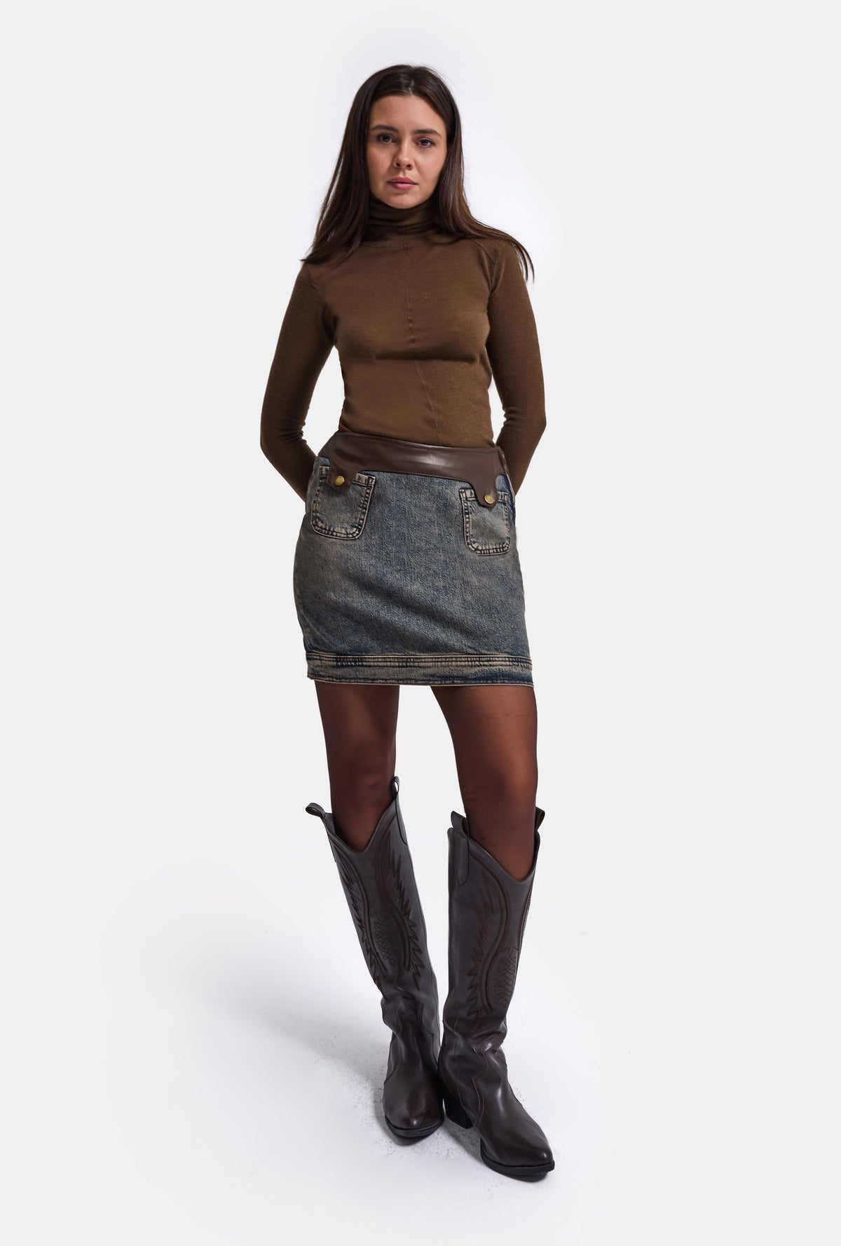 Kadın Koyu Kot 2w6-8 Straight Deri Detaylı Esnek Kumaş Tasarım Mini Denim Etek