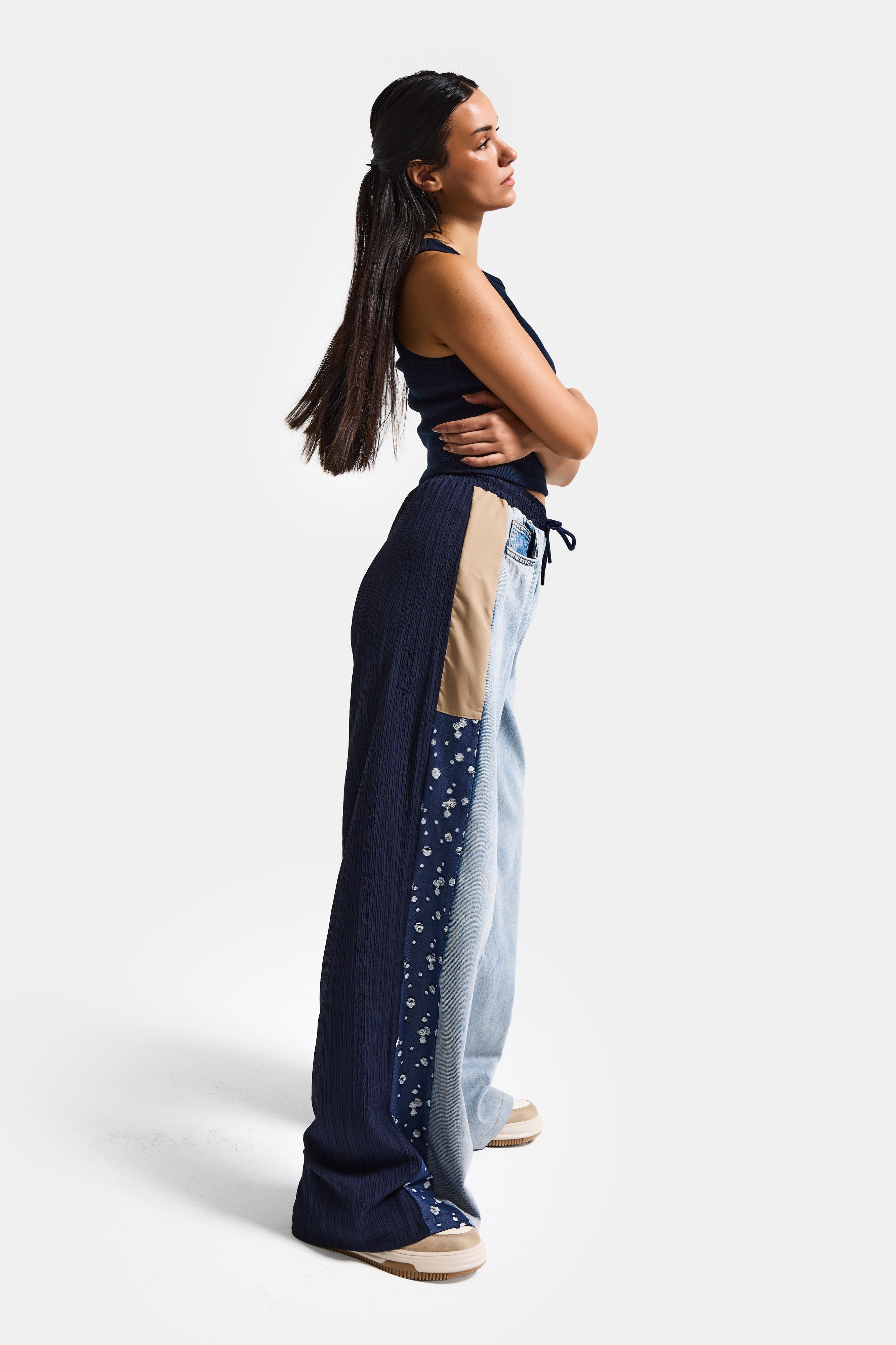 Kadın Kot Rengi Kumaş Denim Parçalı Bol Kesim Tasarım Denim Pantolon