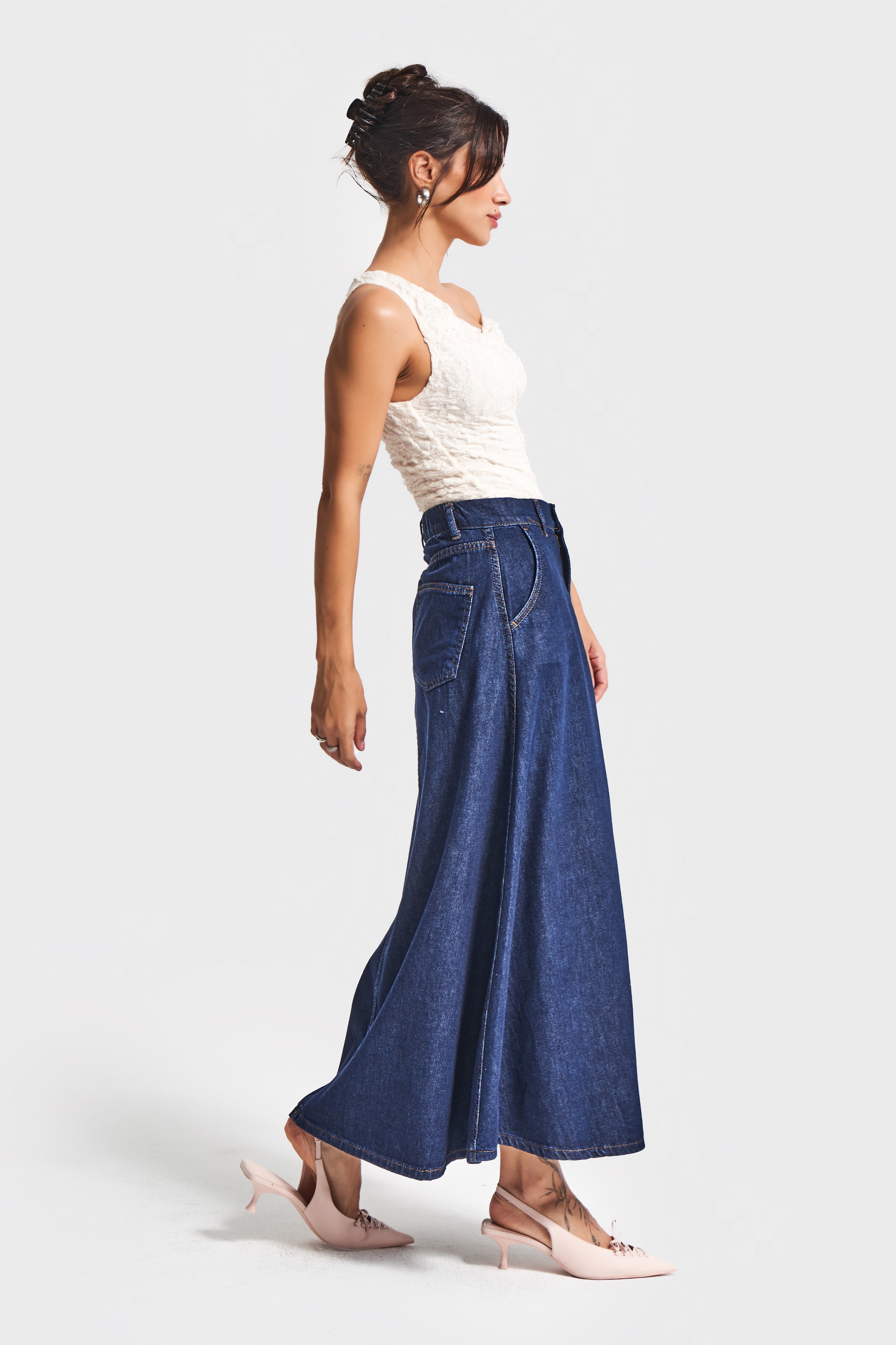 Kadın İndigo Renk 7w5-50 A Tipi Çan Kesim Maxi Boy %100 Koton Denim Etek