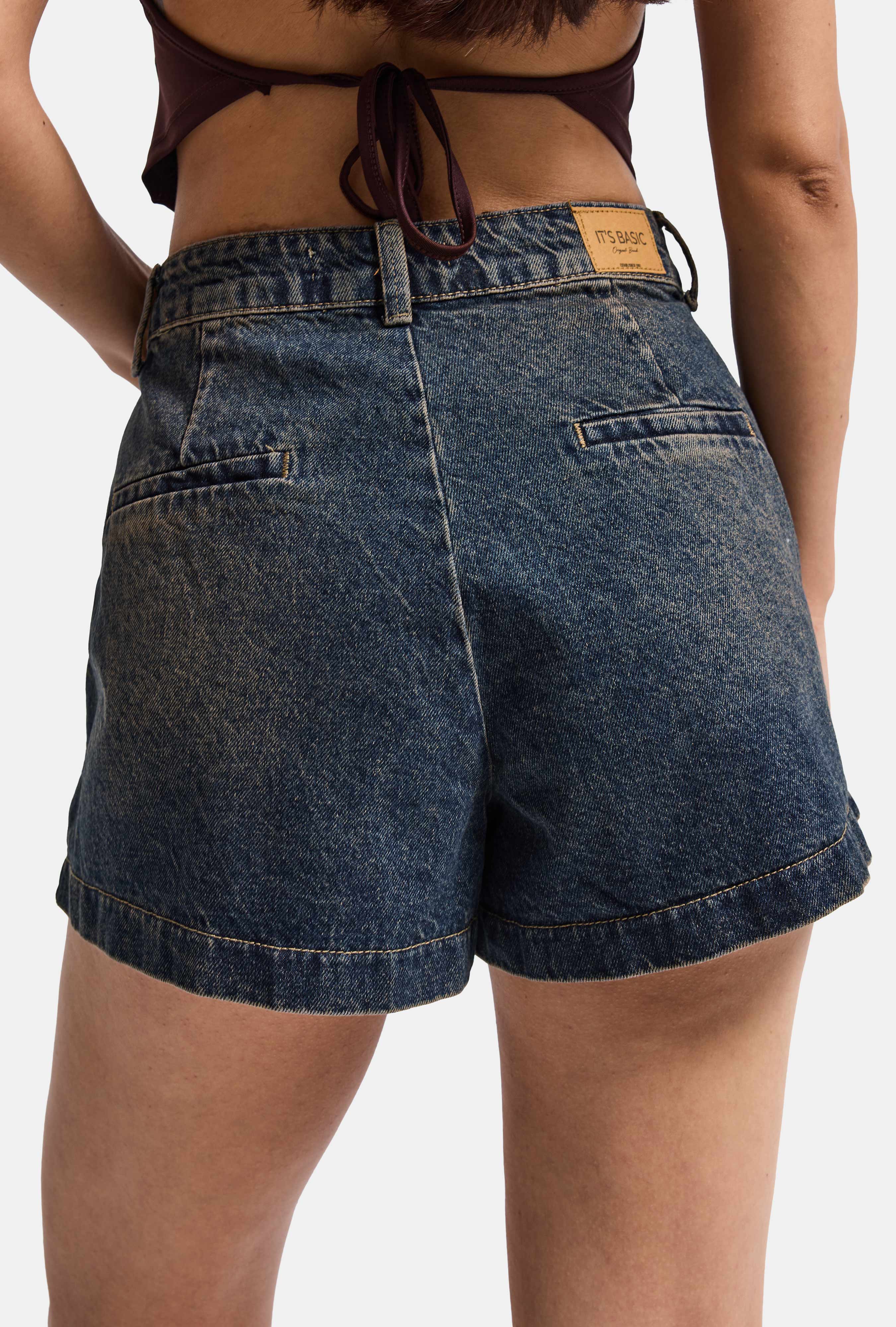 Women's Dark Blue Mini Pleated Denim Shorts