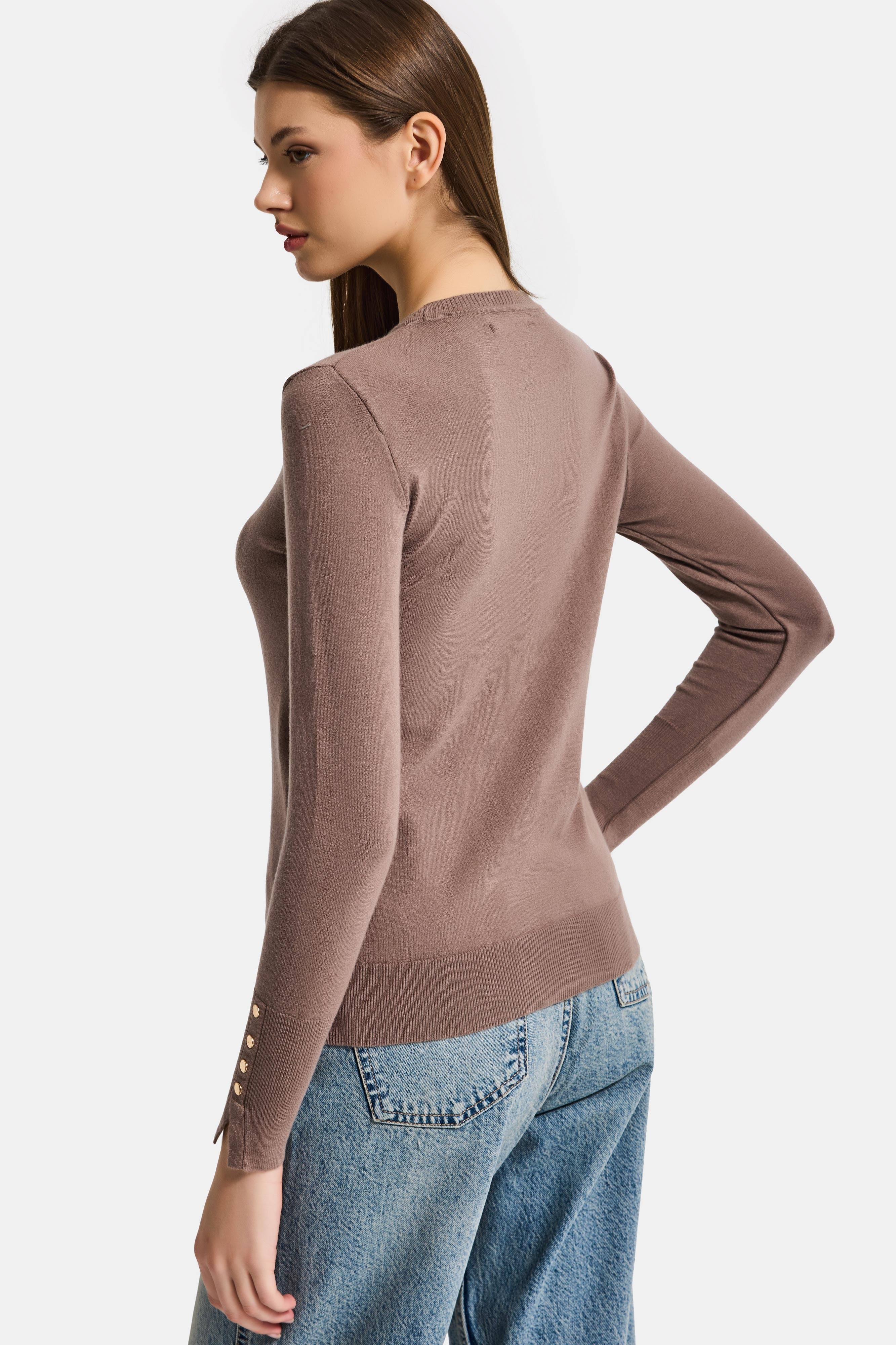 Kadın Vizon Renk w5-82 Örme Triko Kumaş Bisiklet Yaka Kol Aksesuarlı Triko