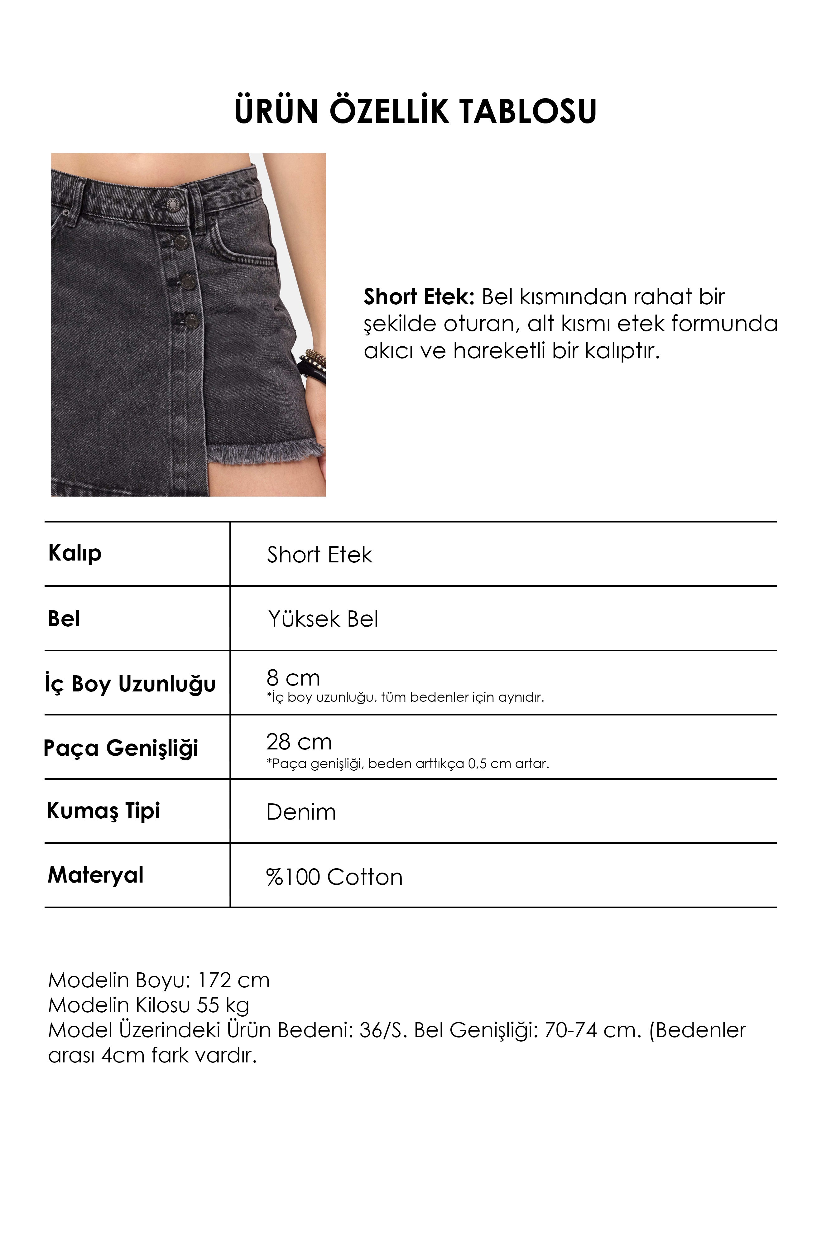 Kadın Gri Renk Önü Düğmeli Denim Şort Etek
