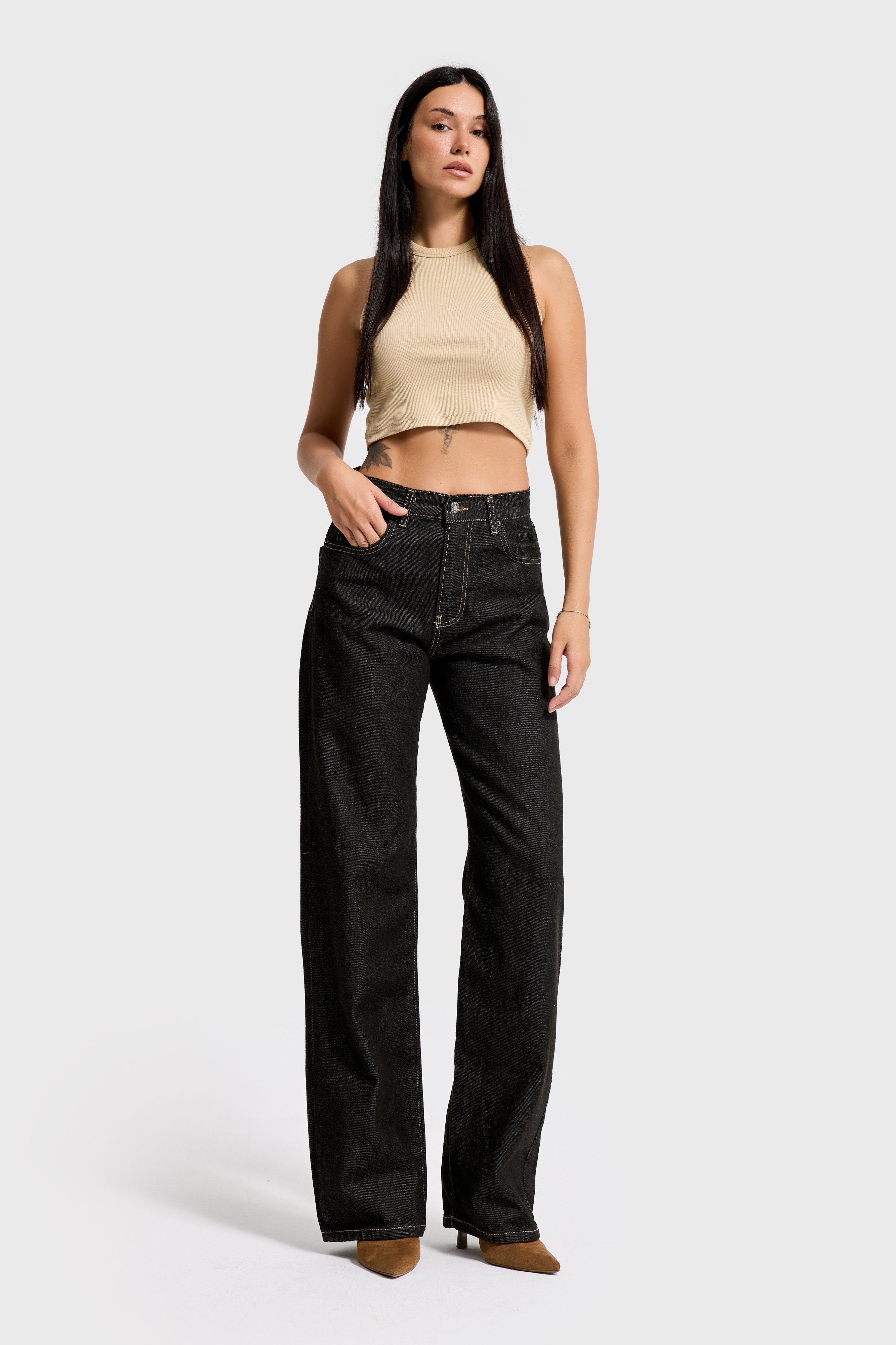 Kadın Koyu Kot Su Yıkama Renk 7w5-132 Loose Fit Orta Bel %100 Koton İç Boy 80cm Denim Jean