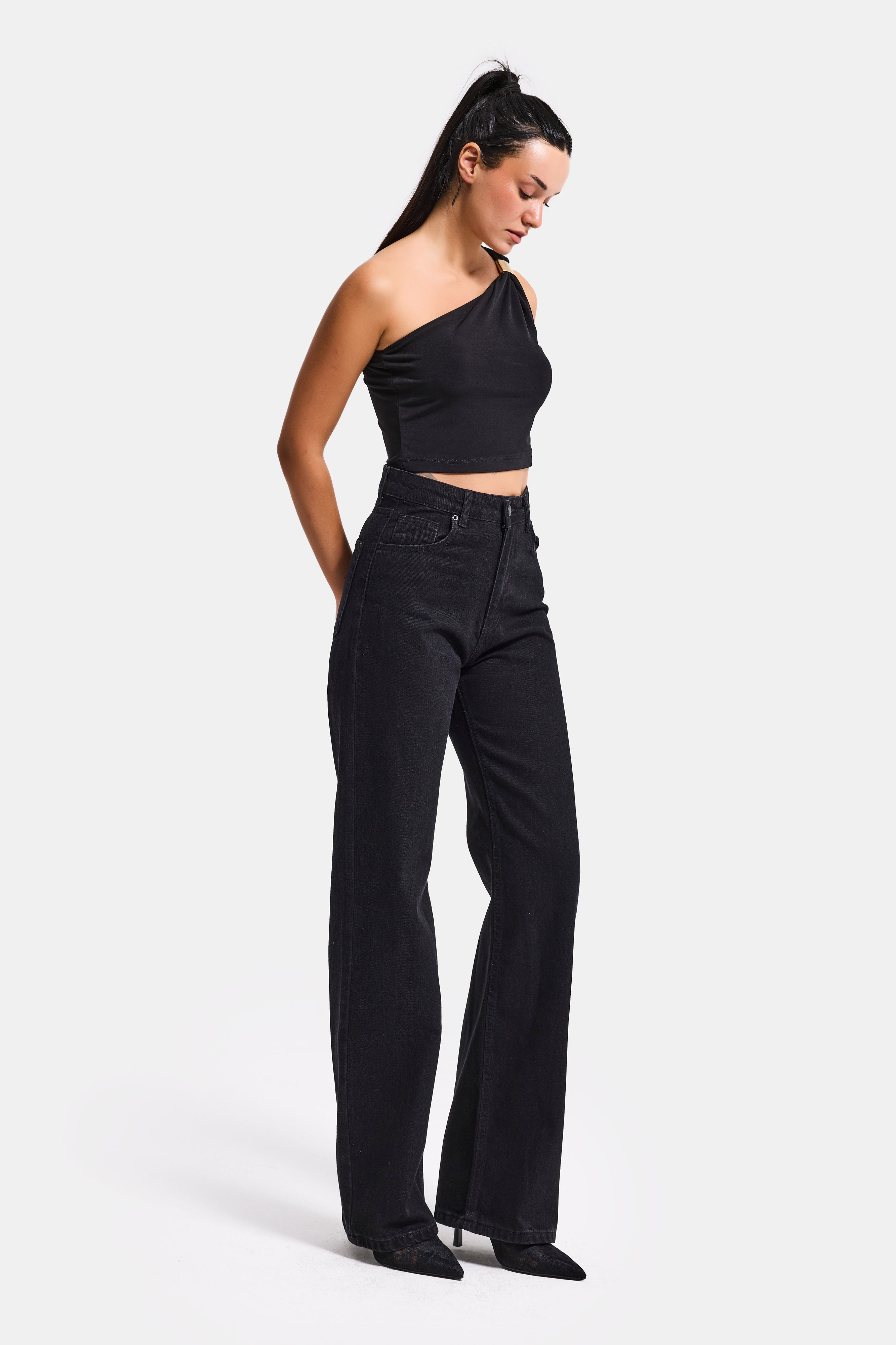 Женские джинсы Doris 1S5-1 прямого кроя с высокой талией, чёрного цвета, 100% хлопок, деним