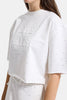 Kadın Beyaz T-s6-101 Crop Parlak Taşlı Özel Tasarım Örme T-Shirt
