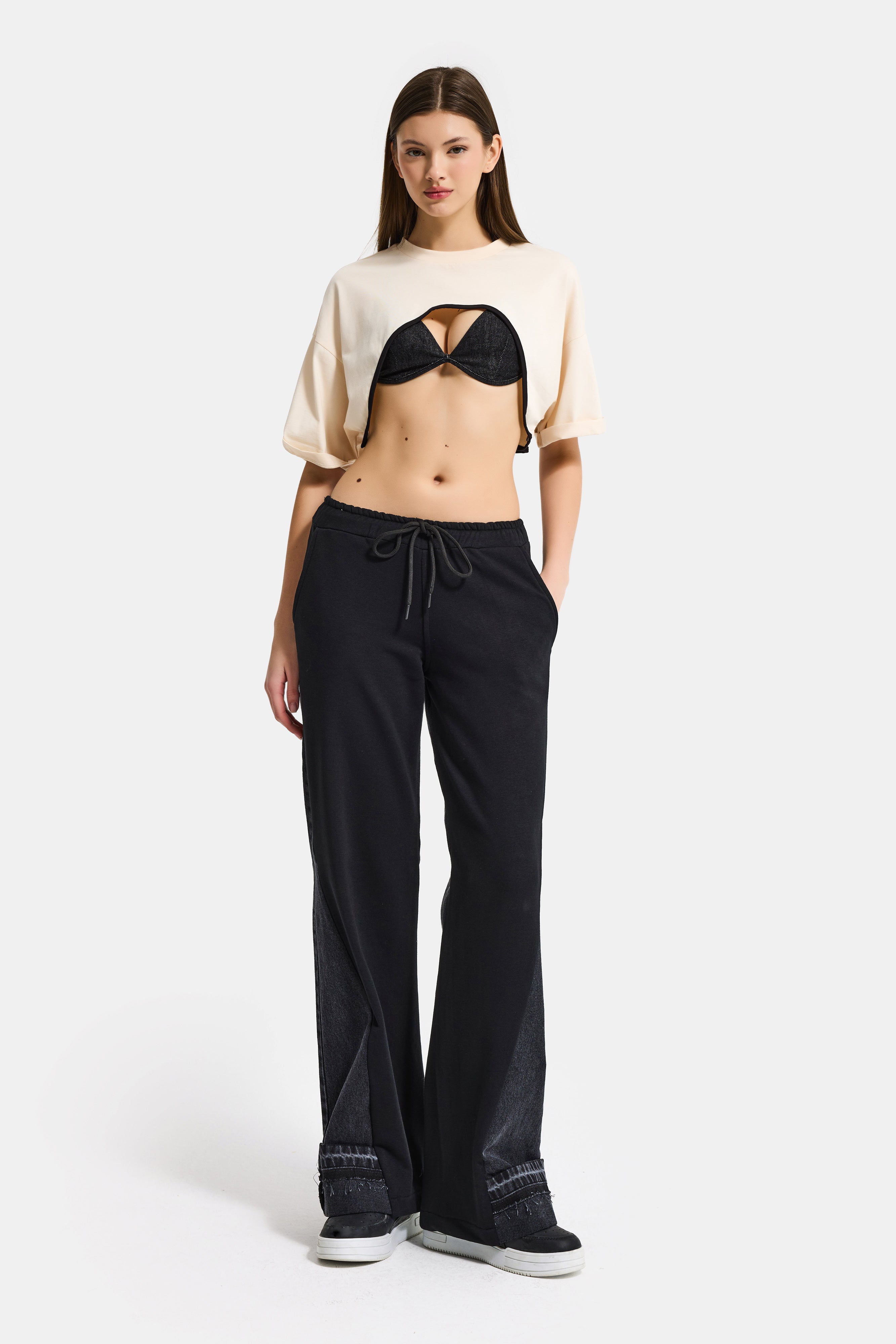 Women's Black Color 2w41 Knitted Denim Piece Loose Fit Design Trousers