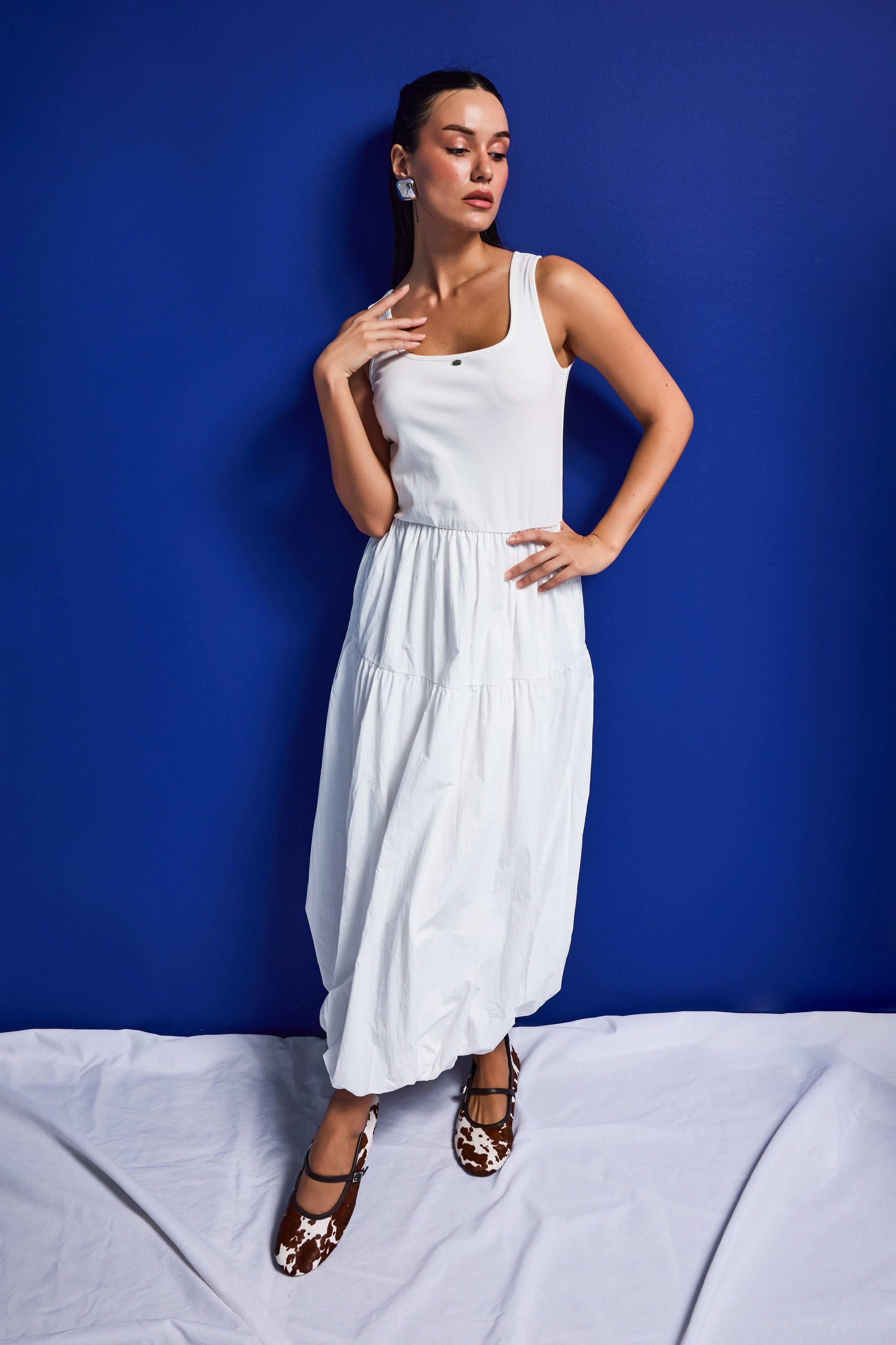 Women's White W5 Balloon Cut %100 Organic Cotton Designer Dress