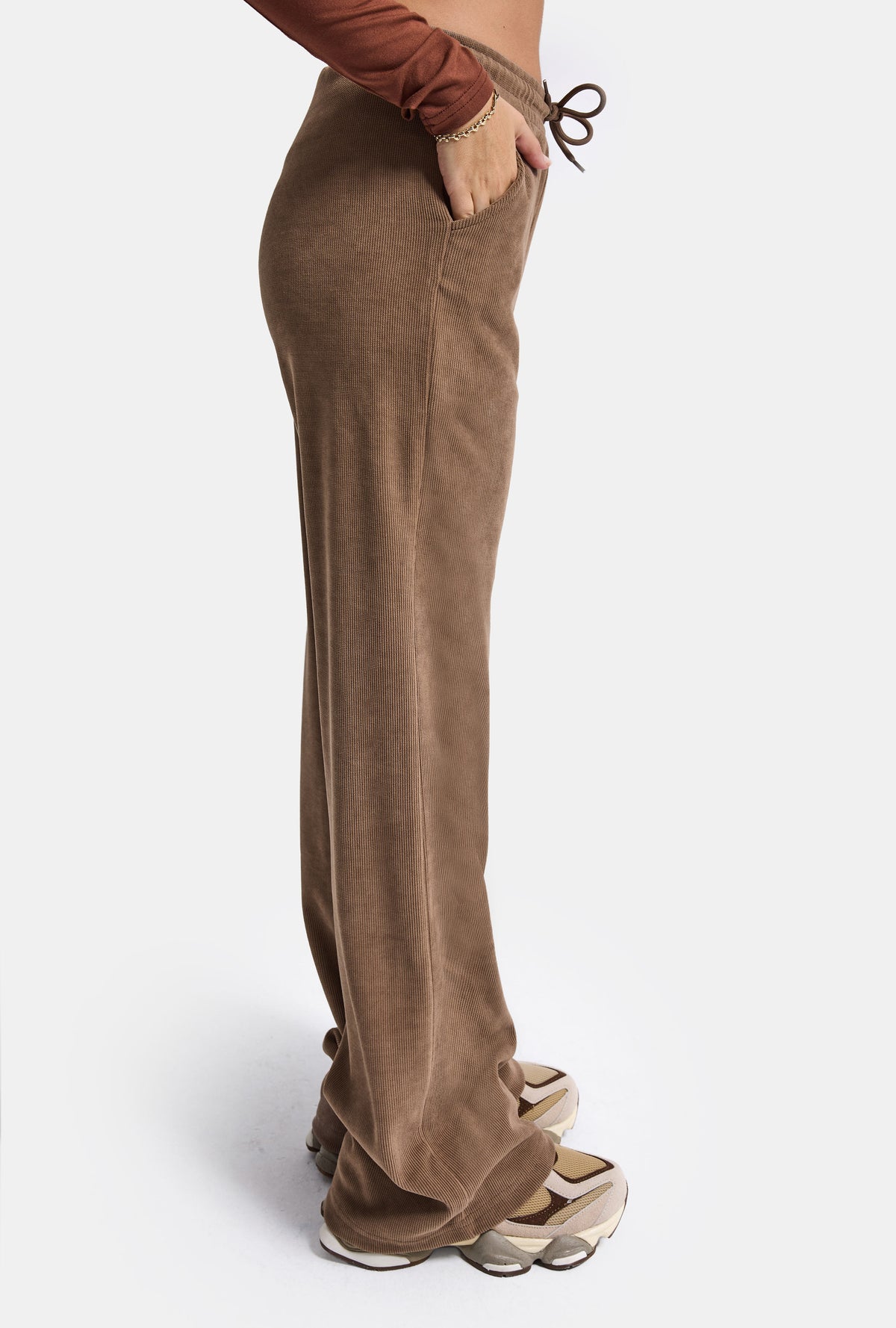 Women's Pastel Coffee Ribbed Knit Flexible Velvet Fabric Pants w5-82