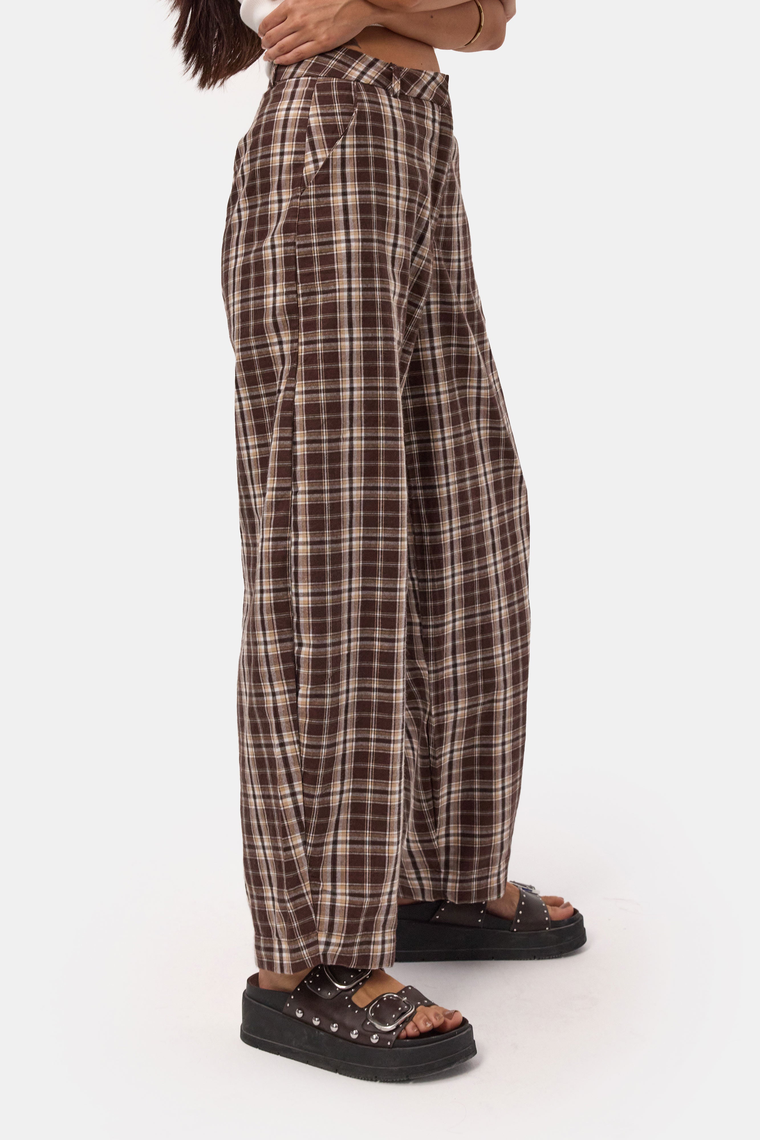 Kadın Kahve Ekose s6-14 Skater Fit Bol Kesim Pantolon