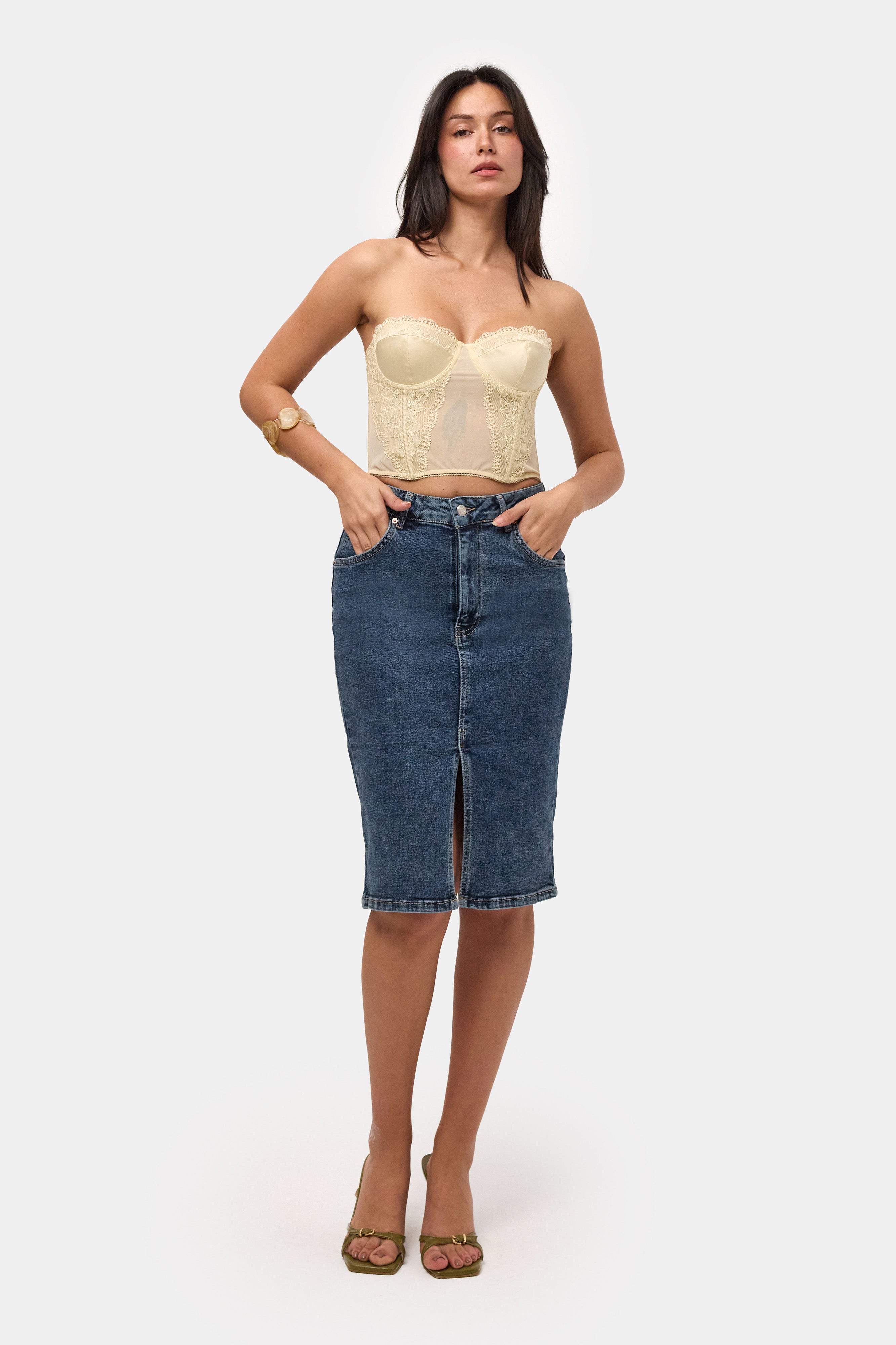 Women's Tint Denim Erica Midi High-Waisted Slit Jean Skirt