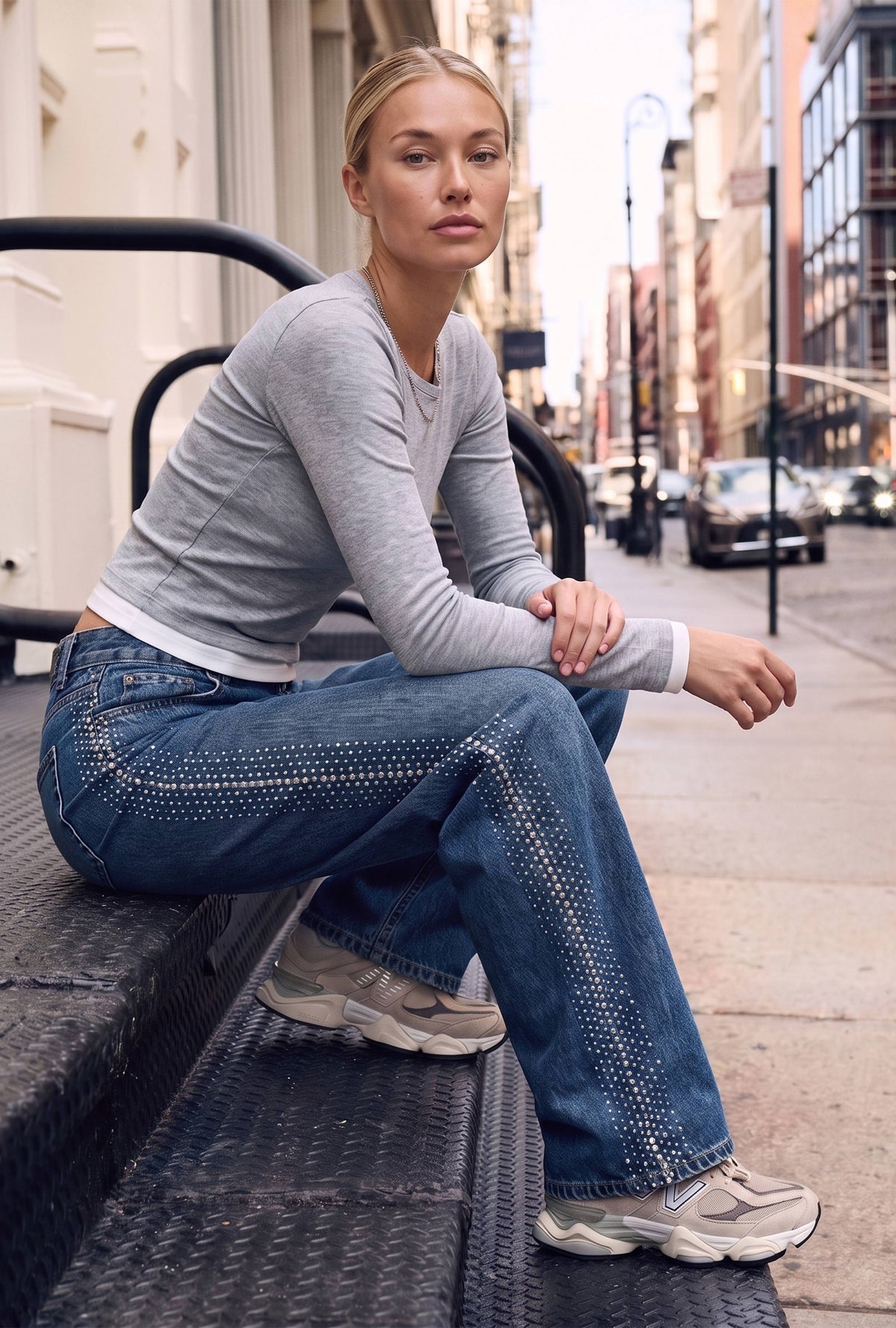 Kadın Koyu Mavi T-2w6-5 Loose Fit Parlak Taş Detaylı Özel Tasarım Denim Jean