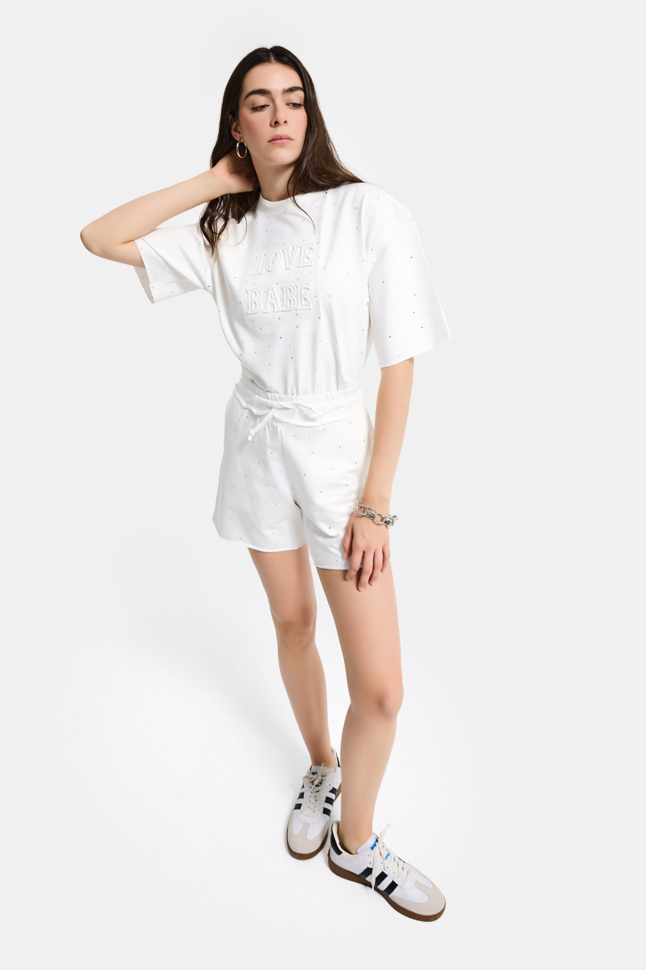 Kadın Beyaz T-s6-101 Crop Parlak Taşlı Özel Tasarım Örme T-Shirt