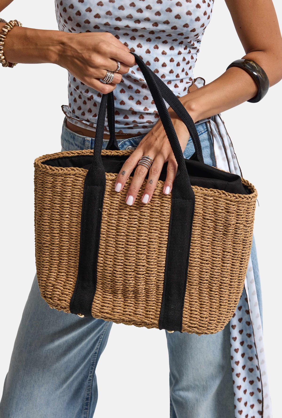 Woven Paper Straw Bag with Inner Lining - Beige